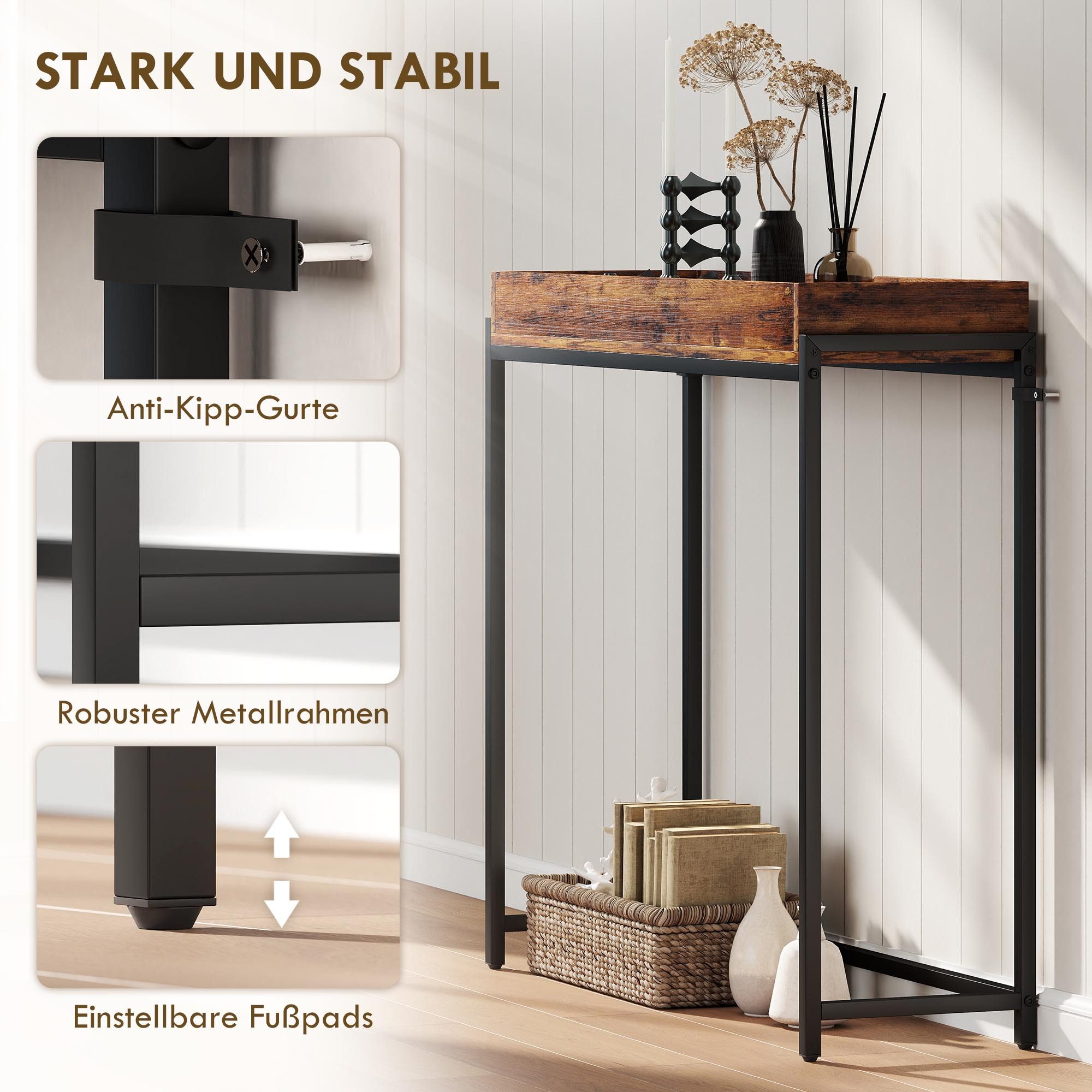HOMCOM Konsolentisch mit Geländer (Beistelltisch, 1-St., Flurtisch), für Kleinen Raum, Eingang, Flur, Wohnzimmer Rustikal Braun – Bild 5 von 5