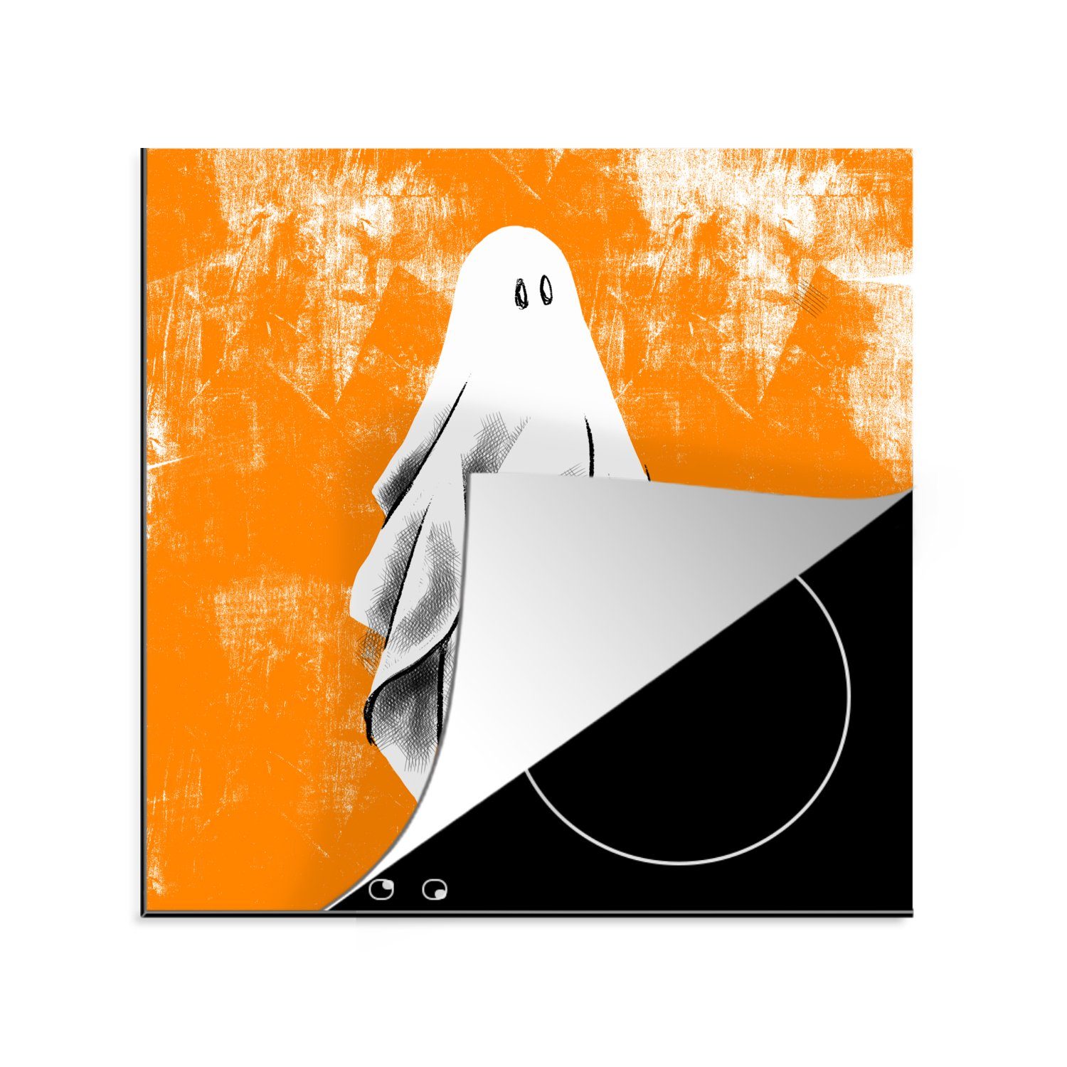 MuchoWow Herdblende-/Abdeckplatte Halloween Illustration Geist auf abgenutzten Hintergrund, Vinyl, (1 tlg), 78x78 cm, Ceranfeldabdeckung, Arbeitsplatte für küche