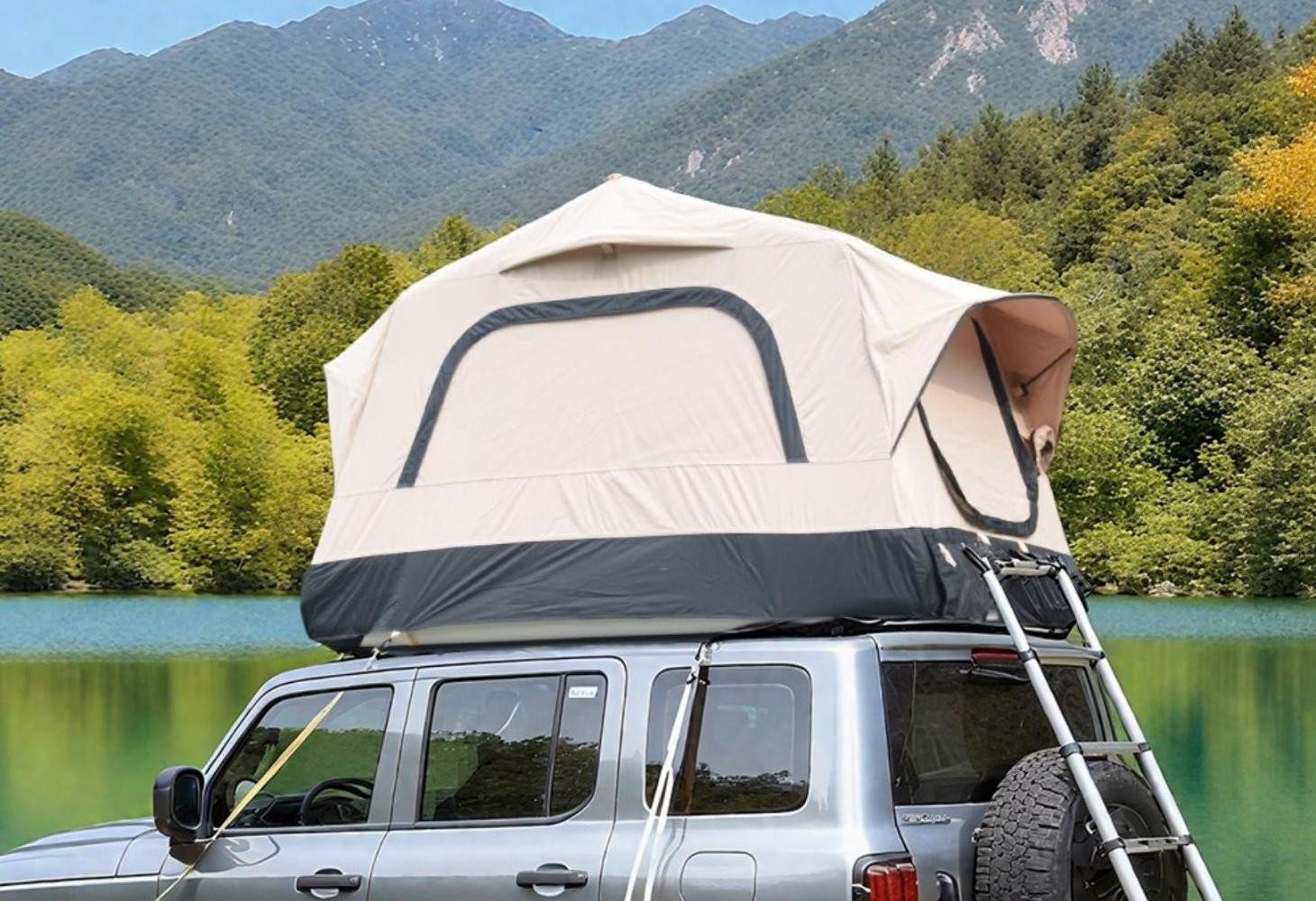 LVHOM aufblasbares Zelt Dachzelt, 220x145x133cm, dreieckiges Campingzelt, windbeständig, Personen: 3 (Zubehöre mit 1 Handpumpe, 1 Tragetasche, 10 Heringe, 2 Verstärkungsleinen, Bodenplatte und ausziehbarer Leiter, UPF50+/wasserdicht/winddicht/5 Min. aufgebaut), geeignet für Jeep, SUV