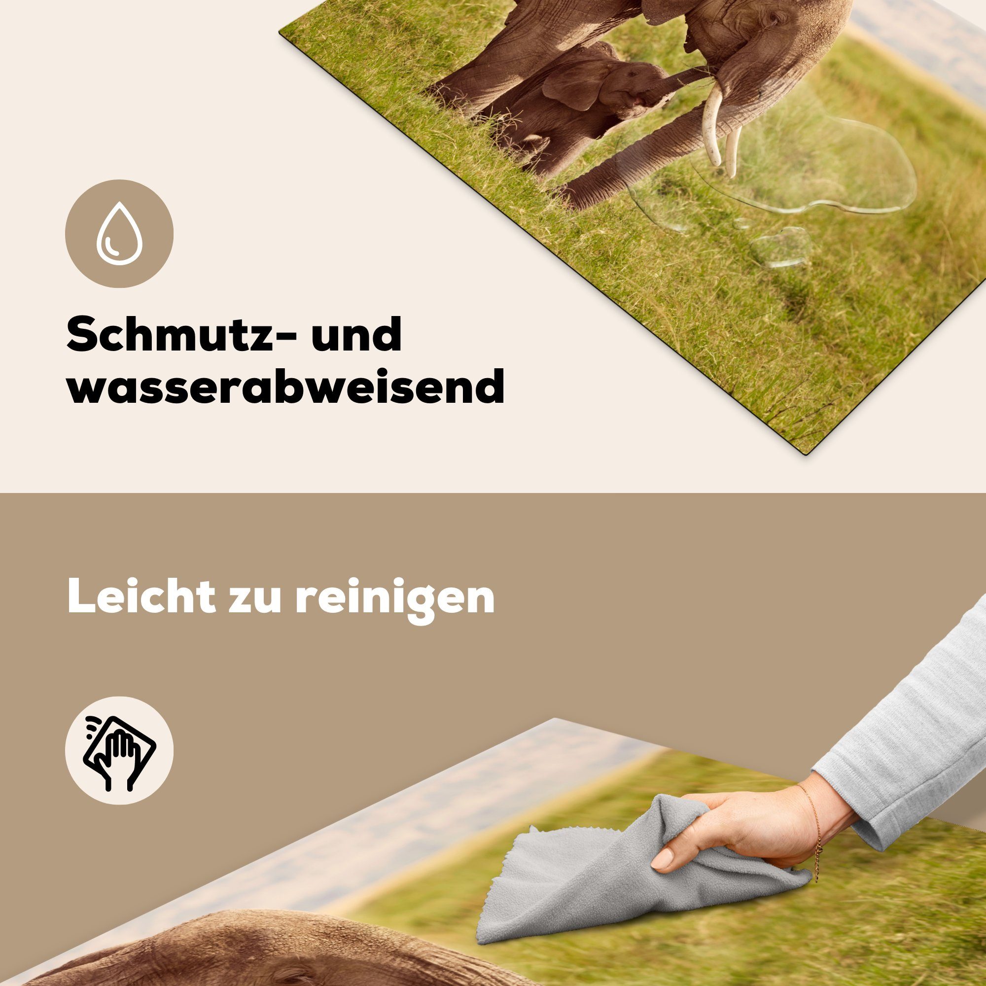 Vinyl, MuchoWow Ceranfeldabdeckung - - (1 Rüssel, Jung Induktionskochfeld Elefant Schutz Gras 81x52 cm, - tlg), Herdblende-/Abdeckplatte für küche, die