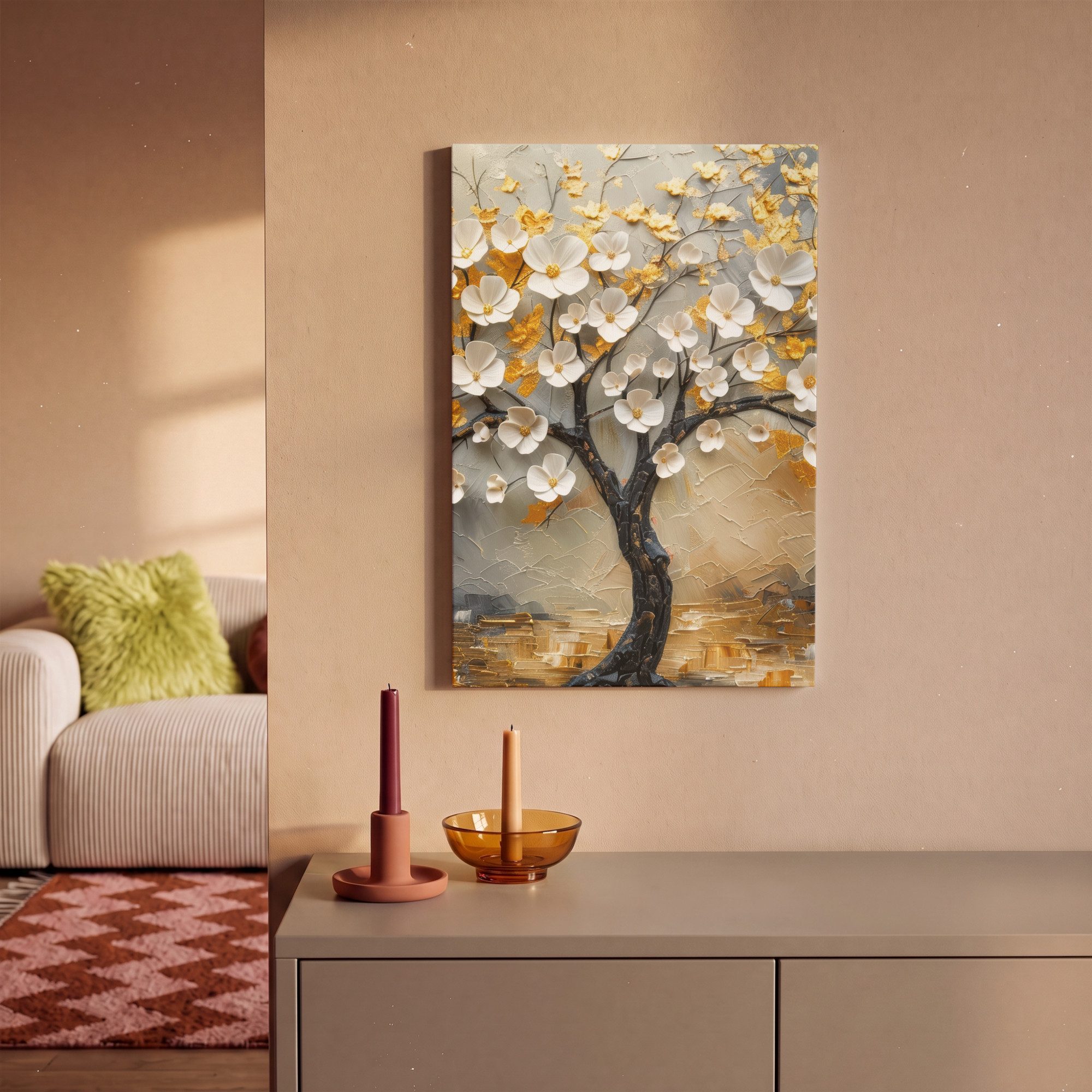 OneMillionCanvasses® Leinwandbild Baum - Blumen - Gold - Beige, Fotodruck (1 St), Leinwand Bilder Klein, Wand Dekoration Aesthetic 30x20 cm – Bild 2 von 5