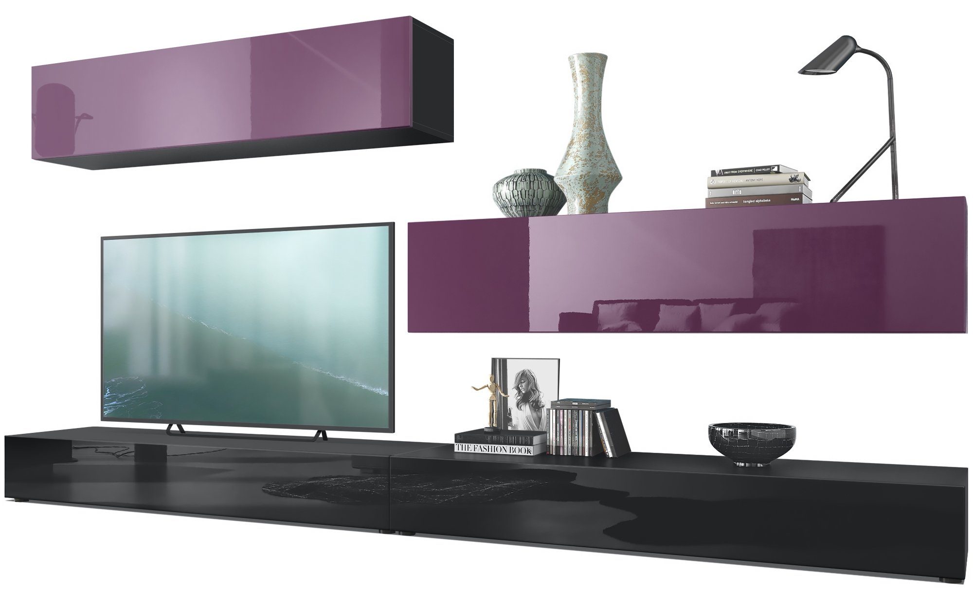 Vladon Wohnwand Nublo, (Anbauwand, mit Rückwand mit 2 Klappen und 2 Sockelelementen), Schwarz matt, Schwarz Hochglanz und Brombeer Hochglanz (280x147x39 cm)