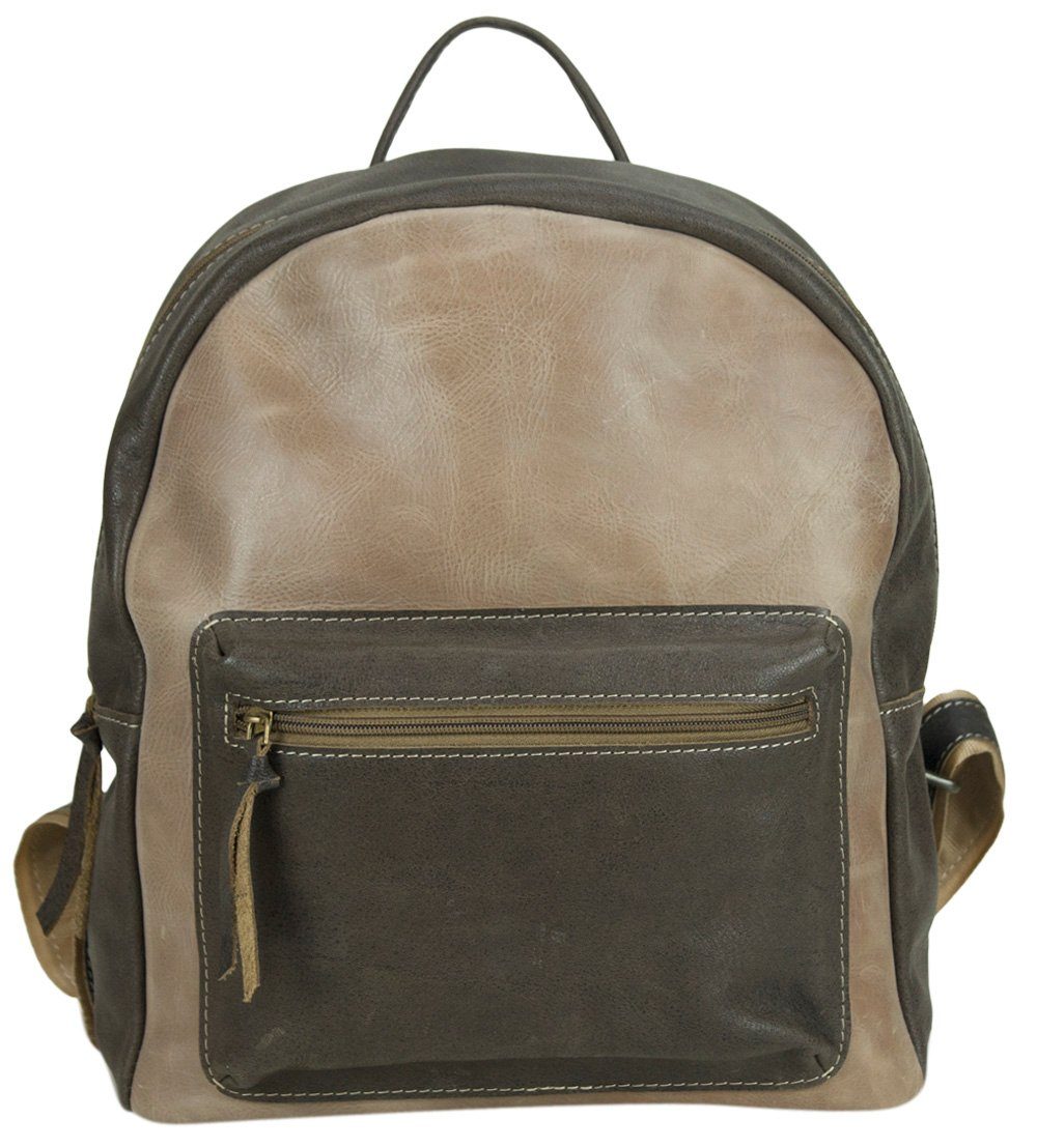 Sunsa Cityrucksack Rucksack, Backpack aus Stone wash Leder und Canvas in Retro Still. Schöne Daypack Tasche für Sie/ Ihn, echte Leder hell braun/ D.braun