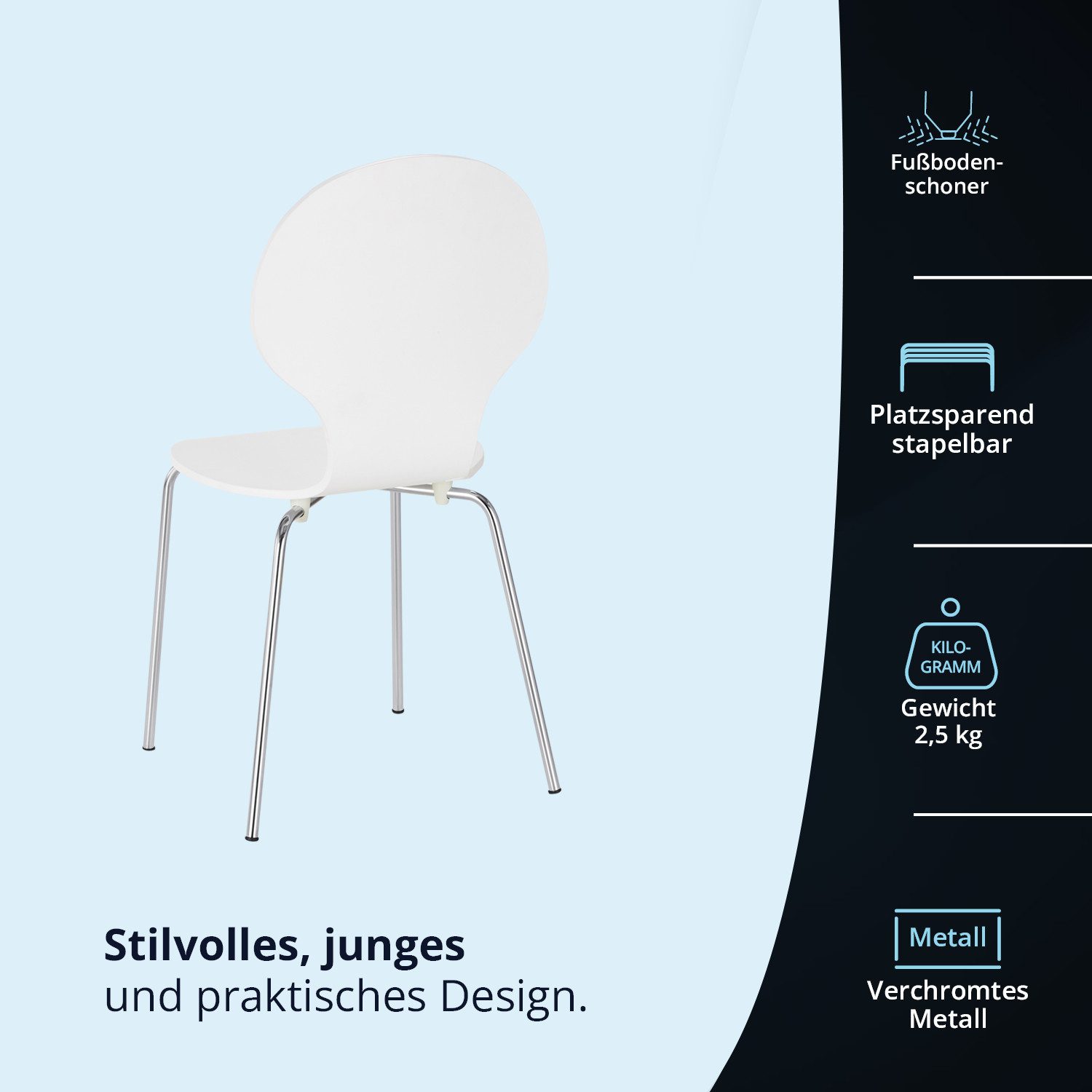 KHG Stapelstuhl Esszimmerstuhl Weiß, bis 110 kg belastbar, Modern, Stapelbar, Einteilige Sitzschale, Metallgestell verchromt silber – Bild 5 von 5