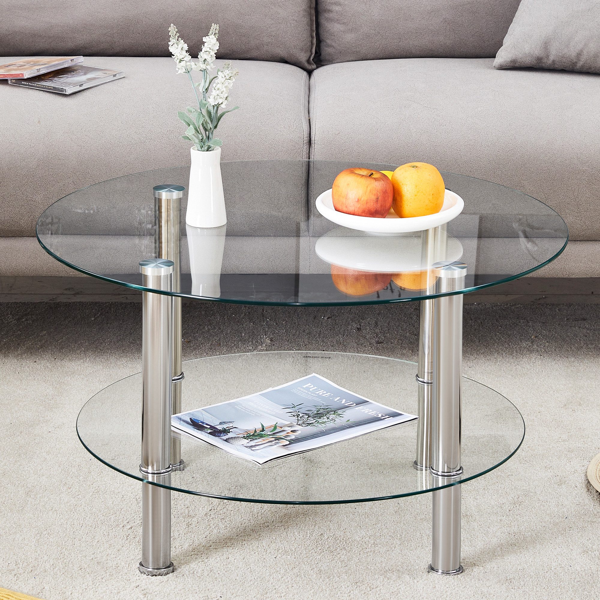 i@home Glastisch Couchtisch, moderner zweistufiger Glastisch (1 Tisch), Silberne Metallbeine, Stabil und geräumig, mit leichtem Luxusdesign.