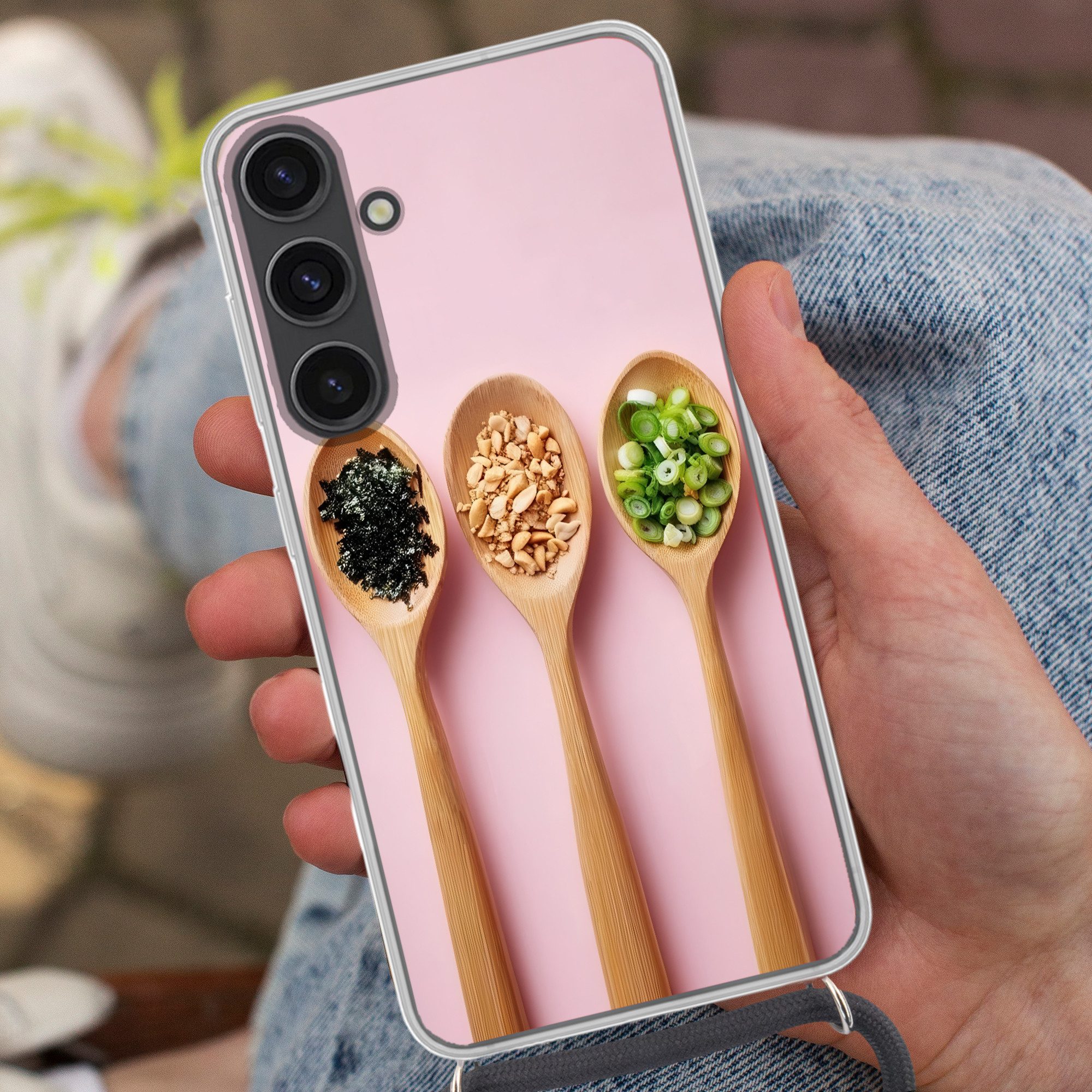 MuchoWow Handyhülle für Samsung Galaxy S24 Plus Zutaten - Löffel - Holz - Rosa, Tragbare Handyhüllen mit Kette zum umhängen, Handykette Handyband