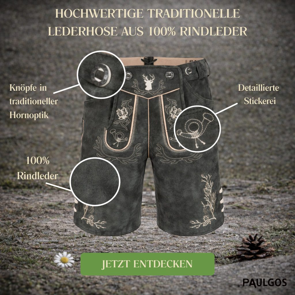 PAULGOS Trachtenhose Herren Lederhose Kurz mit Trägern 100% Echtleder - HK3