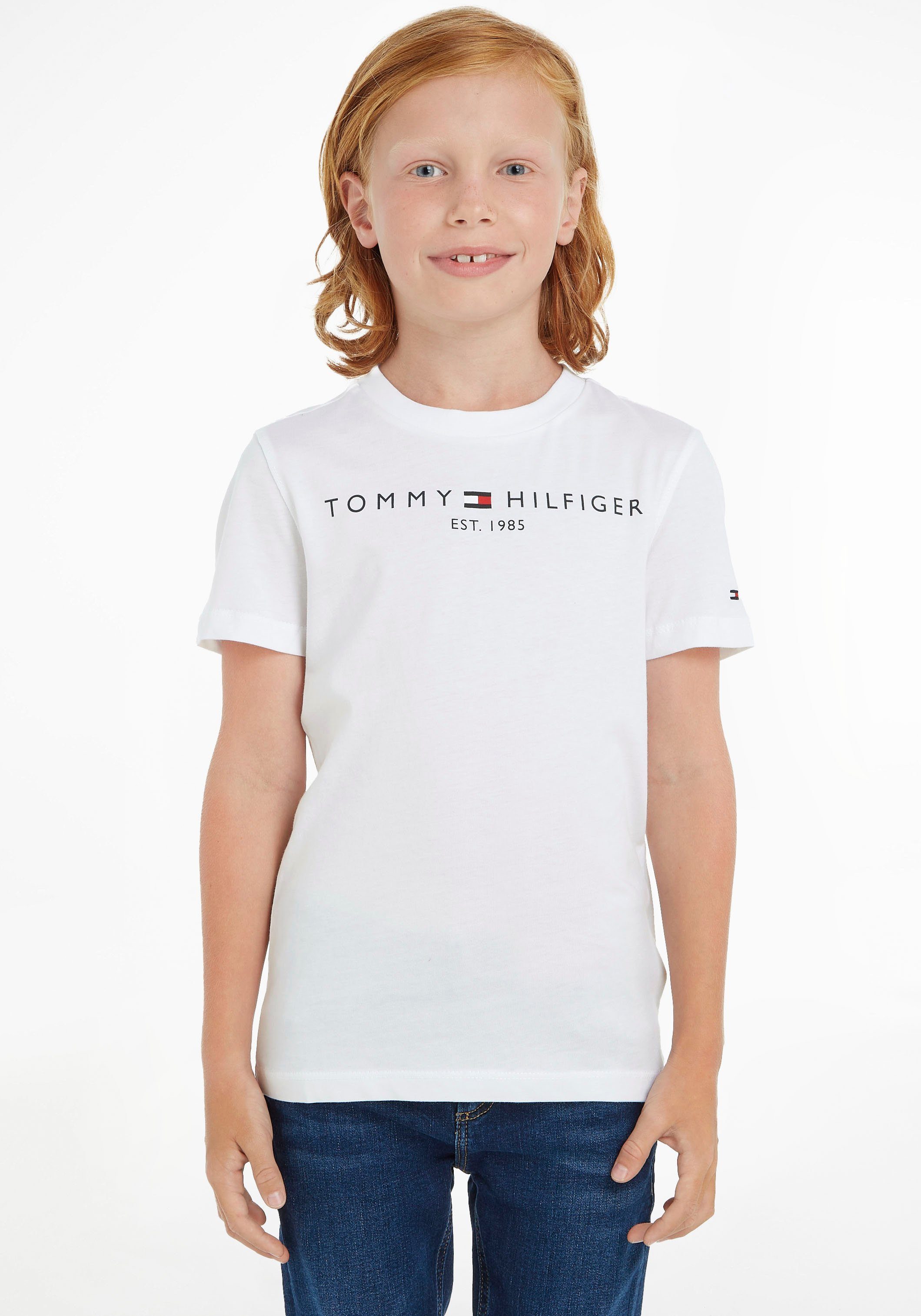 Jungen MiniMe,für Ausschnitt Tommy Kinder Mädchen, und Junior Hilfiger Hinten mit am Kids Label T-Shirt ESSENTIAL kleinem TEE