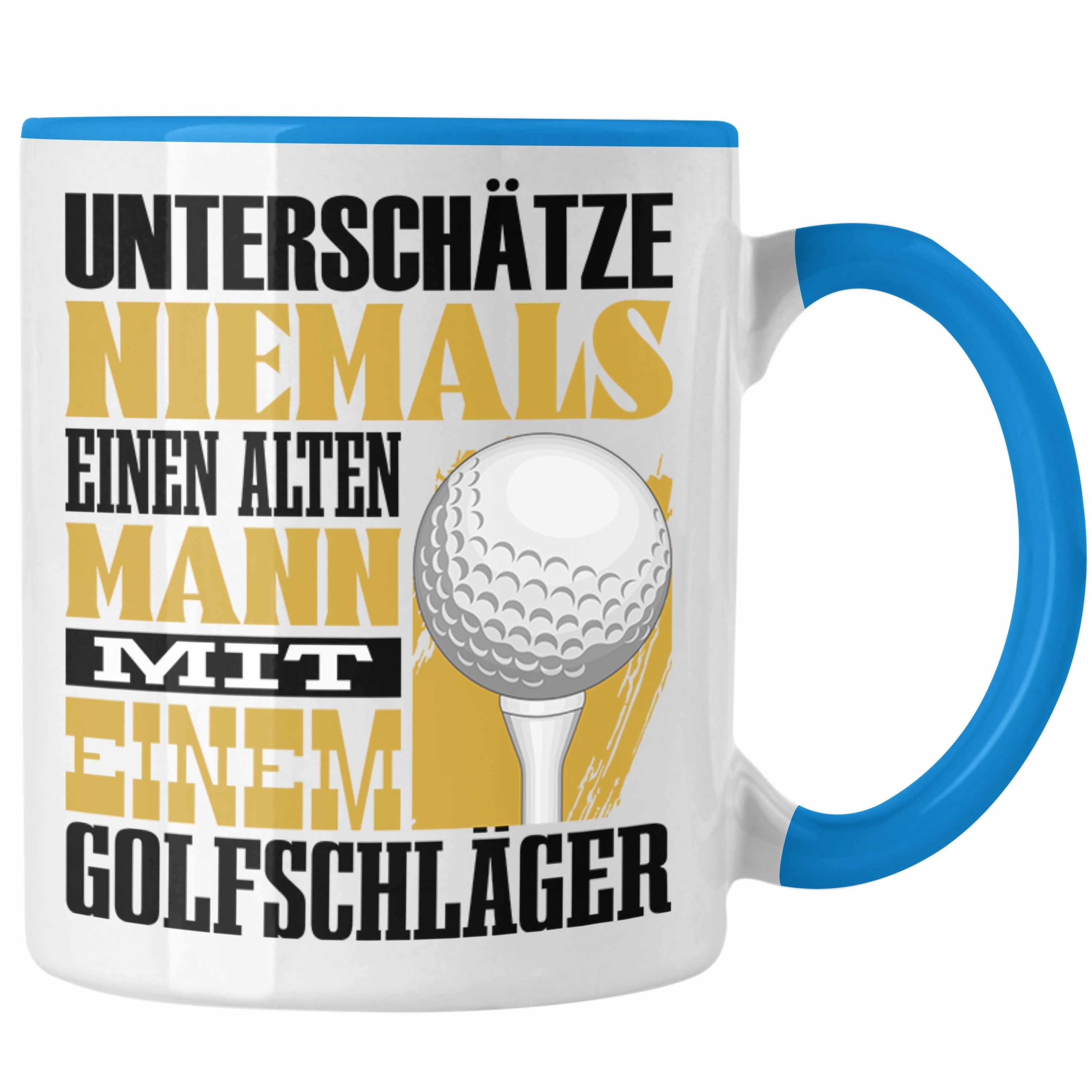 Trendation Tasse Golfer Tasse Geschenk für Golfspieler Lustiger Spruch Unterschätze Ni Blau