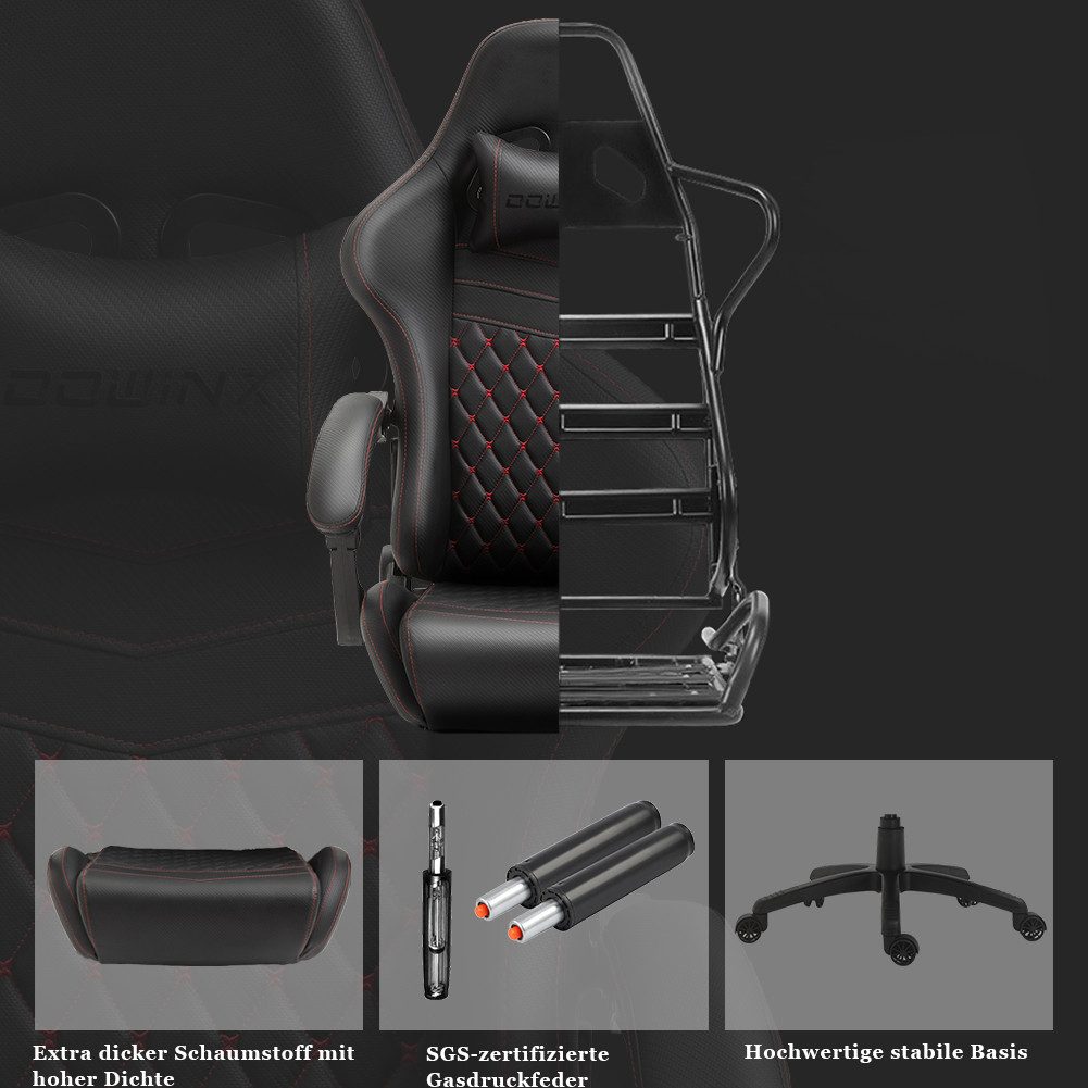 Dowinx Gaming-Stuhl Luxuriöser Chefsessel Ergonomisch aus PU Leder (Packung), Massage-Lendenstütze & Fußstütze, Verstellbarer Bürostuhl 90°-170° – Bild 4 von 5