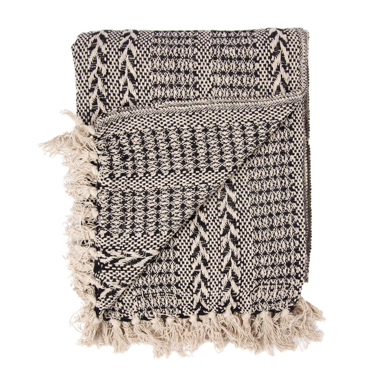 Macosa Home Tagesdecke Decke schwarz weiß 150x125 cm Baumwolle, Fransen-Decke Plaid Sofadecke Wolldecke