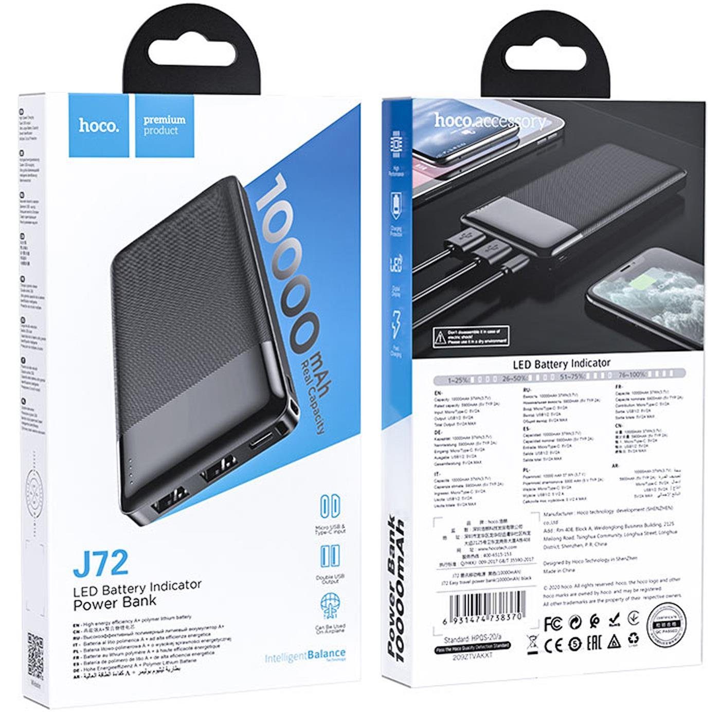 hoco. J72 Easy Travel Powerbank mit 2x USB A Ladebuchse 10000 mAh (5 V), LED Akkustandsanzeige Laden von 2 Geräten gleichzeitig