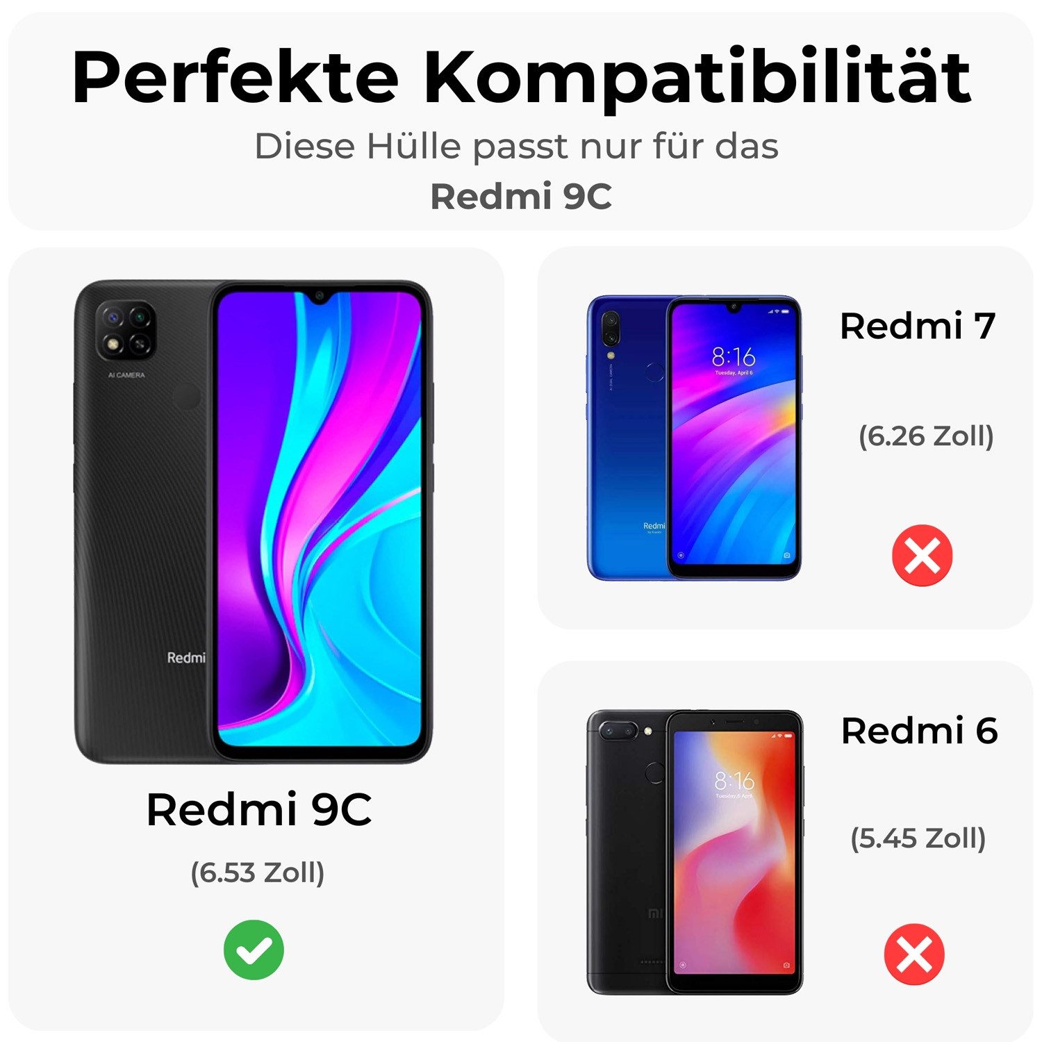 betterfon Handyhülle Handytasche für Xiaomi Redmi 9C Klapphülle Schwarz, 3 Kartenfächer, Magnetverschluss & Standfunktion im Lederlook
