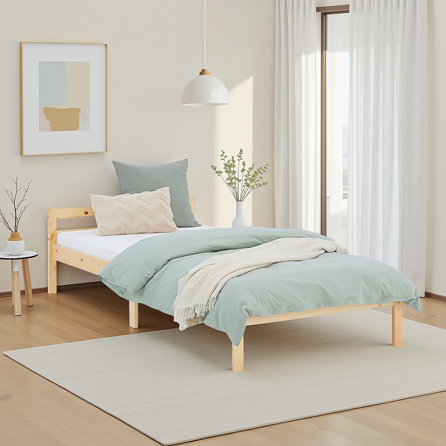 Homestyle4u Holzbett 90x200 mit Lattenrost niedrig Futonbett Kinderbett Natur Set (Set, mit Lattenrost), Naturbelassen, 90x200