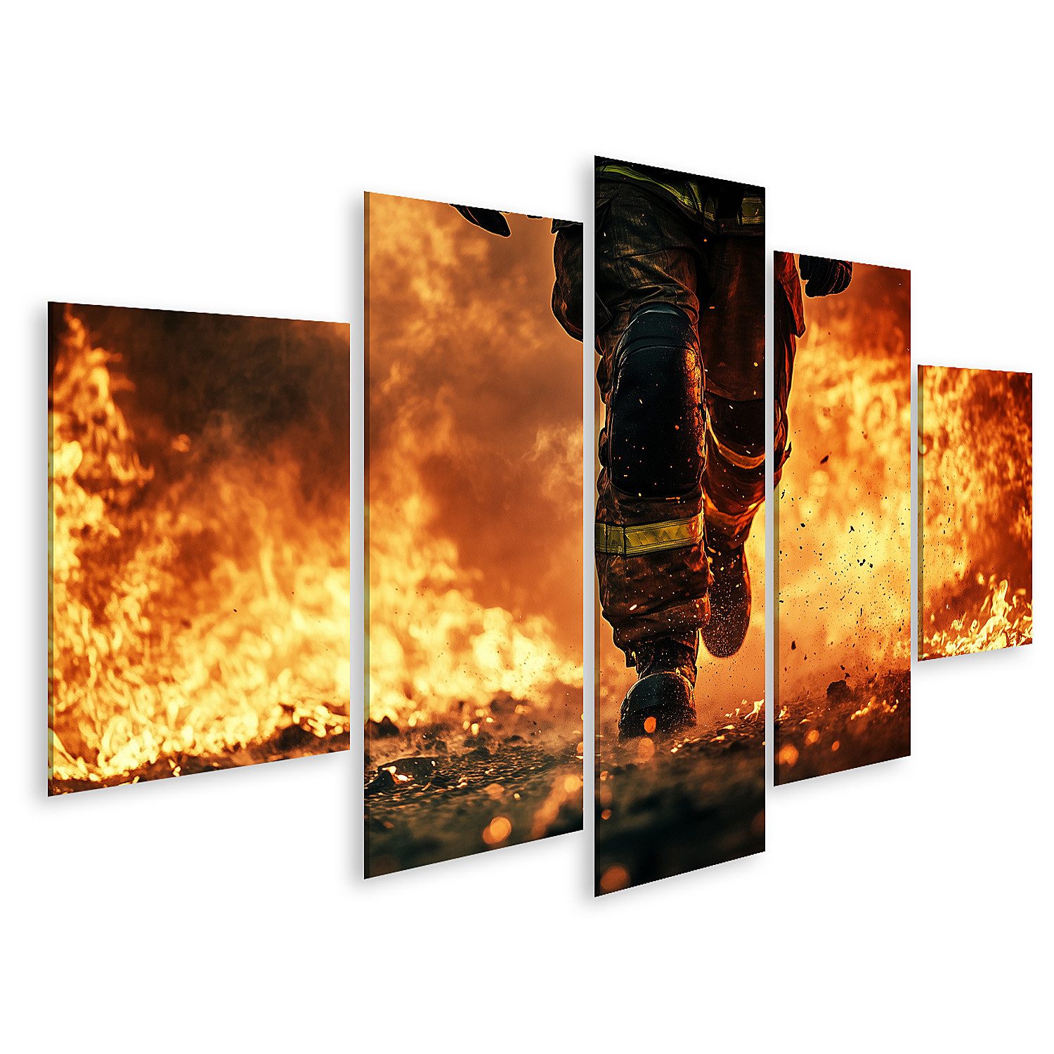 Leinwandbild Feuerwehrmann im Einsatz gegen massive Flammen