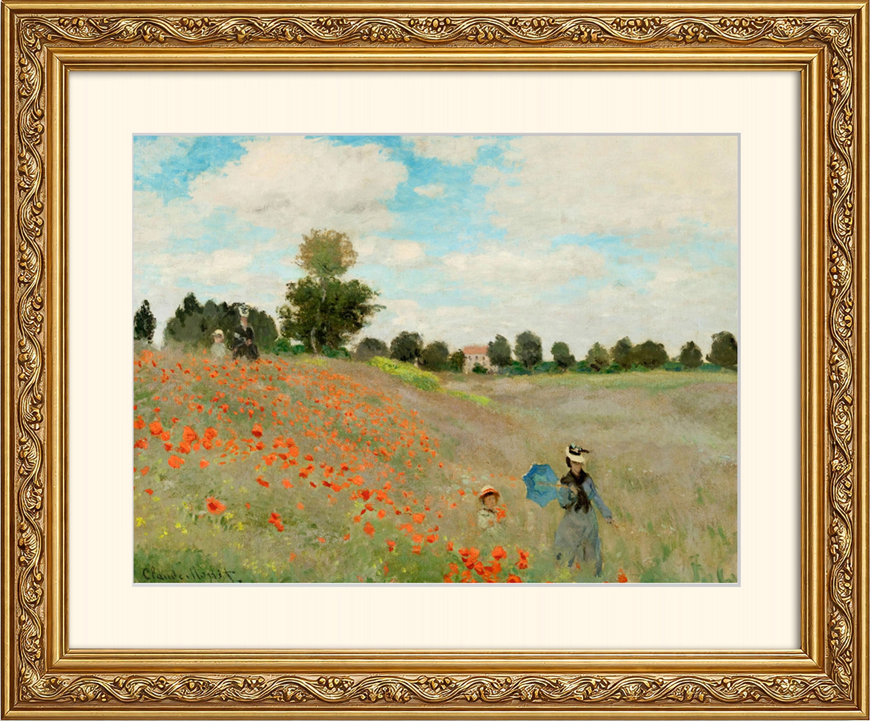 artissimo Bild mit Rahmen Wandbild gerahmt 63x53 cm Kunstdruck mit Passepartout & Barock-Rahmen, Claude Monet: Coquelicots / Mohnfeld