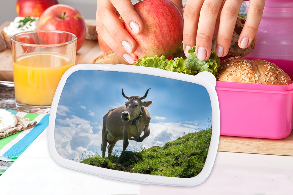 Kunststoff, Gras Lunchbox für - MuchoWow Snackbox, Kuh (2-tlg), Erwachsene, Brotbox Alpen, Brotdose Kinder, - Kunststoff Mädchen, rosa