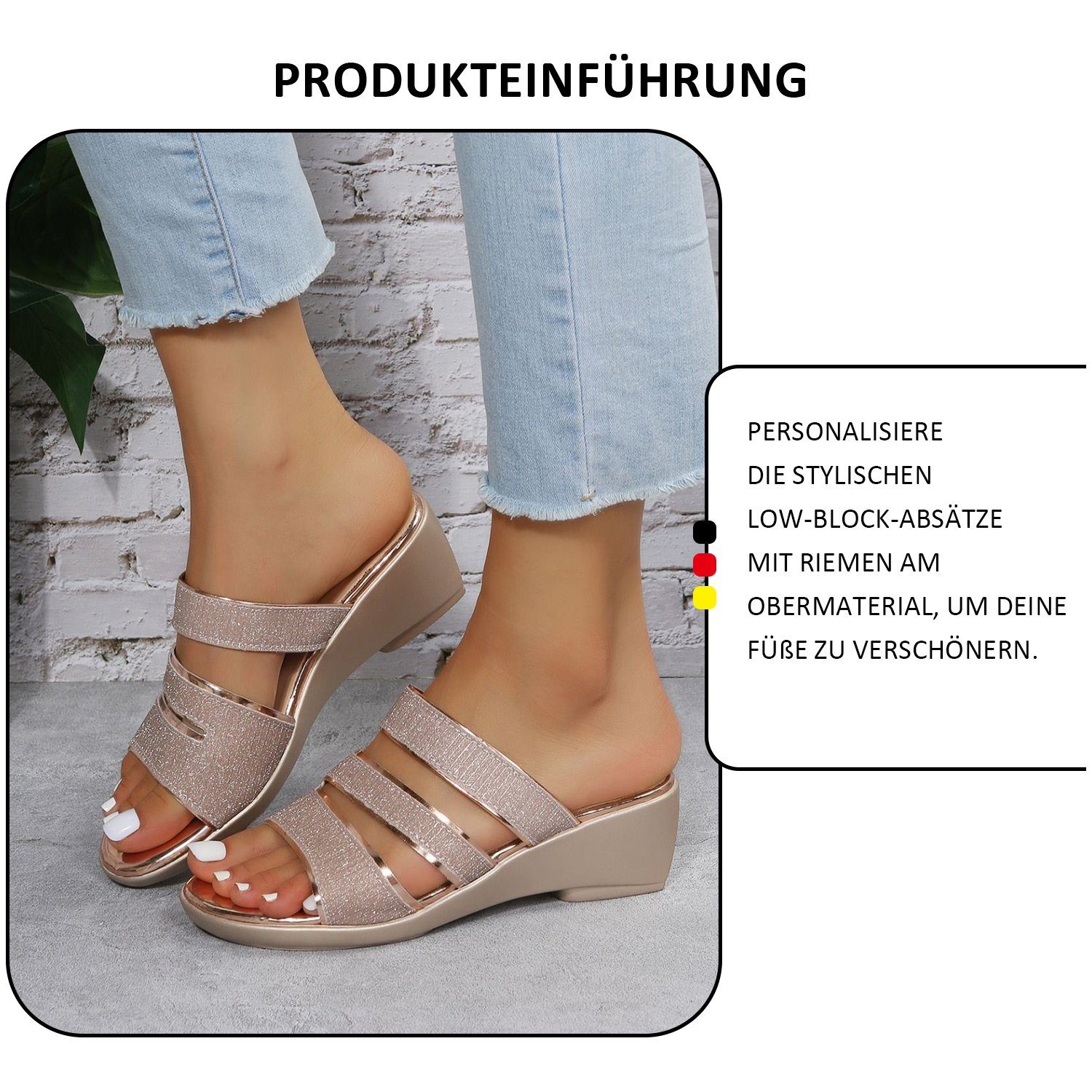 modisch Römersandalen Keilpantolette MAGICSHE Paillettenbesetzte Damen elegant, Gold Sommer