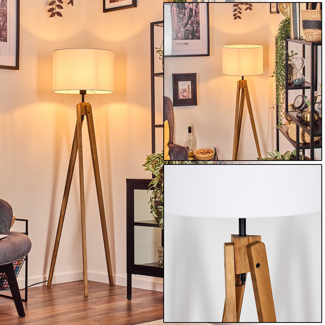 hofstein Stehlampe Stehlampe aus Holz/Metall im skandinavischen Design, ohne Leuchtmittel, Boho-Style, Schirm aus Stoff, Ø 38 cm, E27, 148 cm, mit Fußschalter