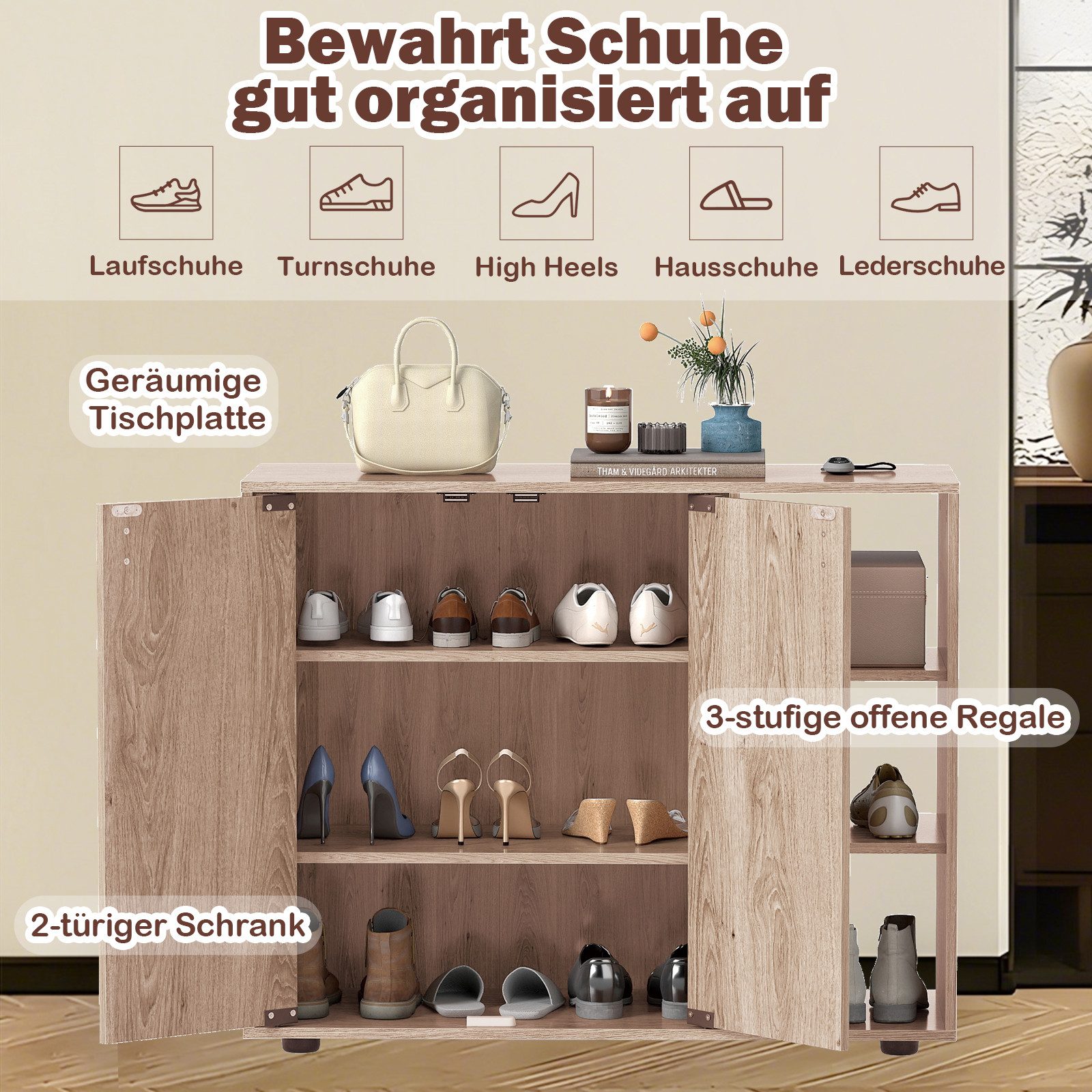 COSTWAY Schuhschrank Schuhregal mit verstellbare Regal, Holz, 12-15 Paar Schuhe – Bild 4 von 5
