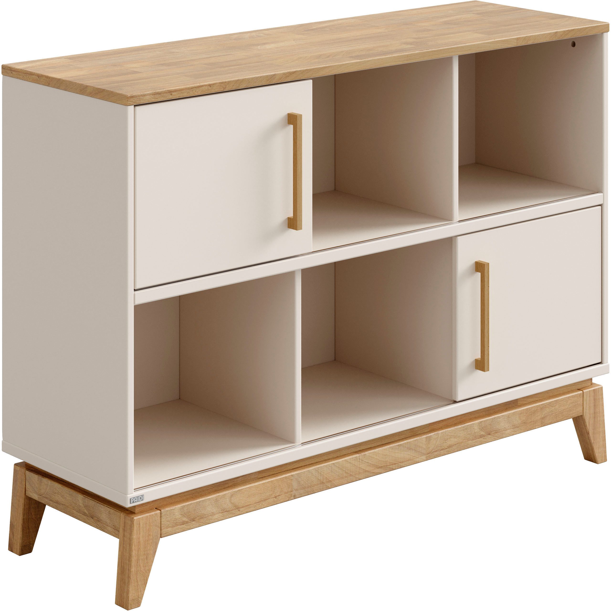 PAIDI Sideboard STIENE in Beige oder Grau, 6 Fächer und 2 Schiebetüren mit Soft-Close (B/H/T ca. 124/91/40cm), stabiles Regal mit Massivholz, Standregal, geprüfte Qualität