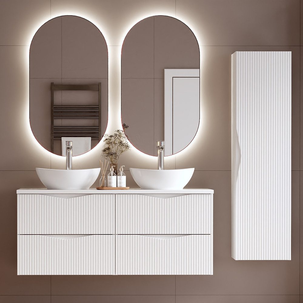 Lomadox Badmöbel-Set CALURI-140, (Spar-Set, 4-St., LED-Spiegel Doppelwaschtisch Hochschrank), in weiß mit gerillter Front, grifflos, wandhängend