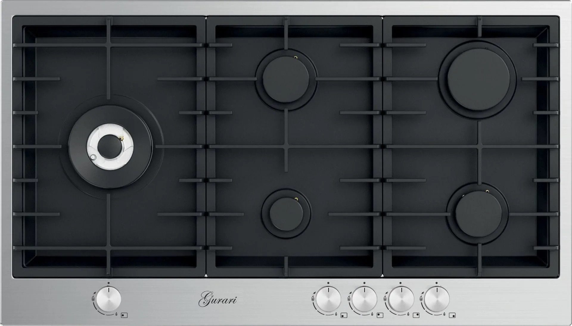 GURARI Gas-Kochfeld GCH TY 905 VPGC+WOK Adapter, 90 cm, Edelstahl- Schwarz Emaliert, 4,0 kW WOK, 5 Gasbrenner,Erdgas, FL.Gas