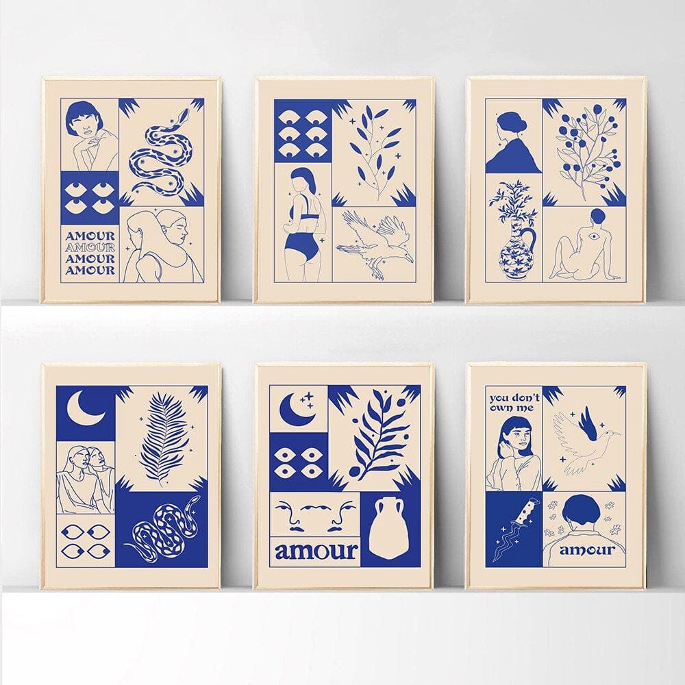 JUSTGOODMOOD Poster Vintage Amour Wahrsagerin in Retro Stil Liebe macht Sie Blind in Blau, 5 (1 St)