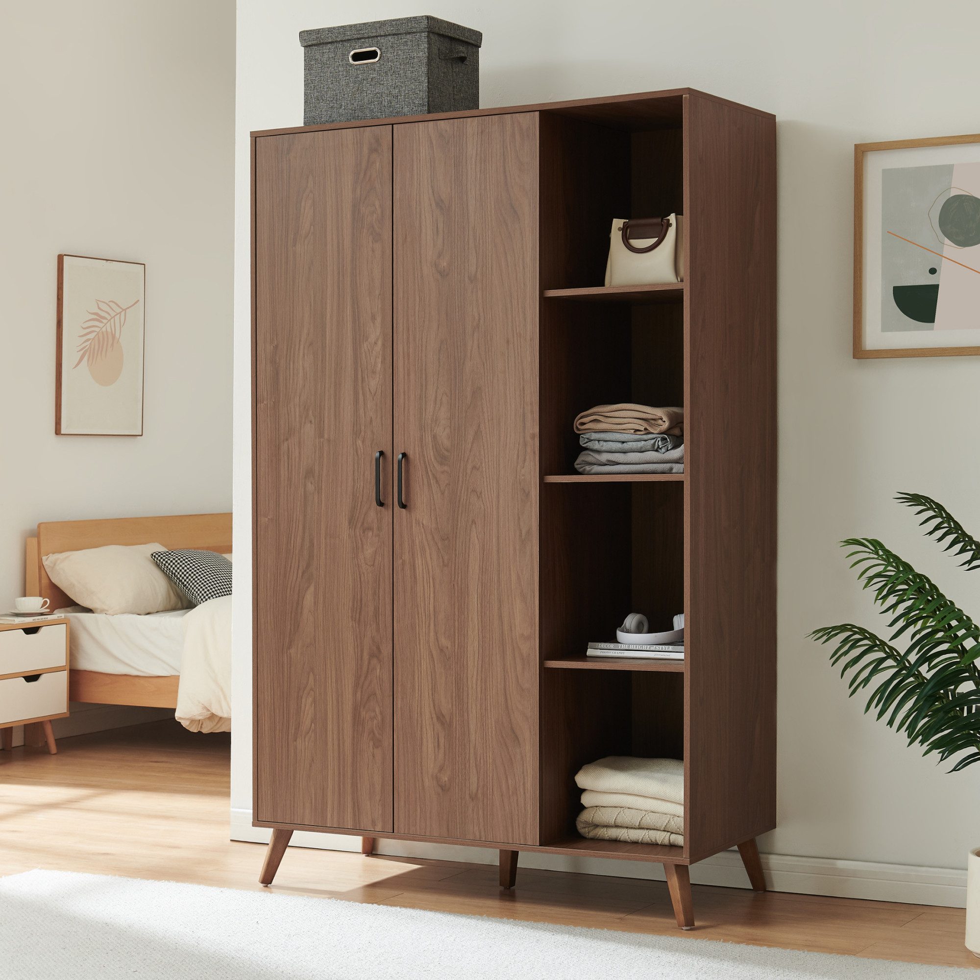 en.casa Kleiderschrank »Norg« 191 x 120 x 52 cm 2 Türen 1 Stange 8 Fächer Walnussoptik