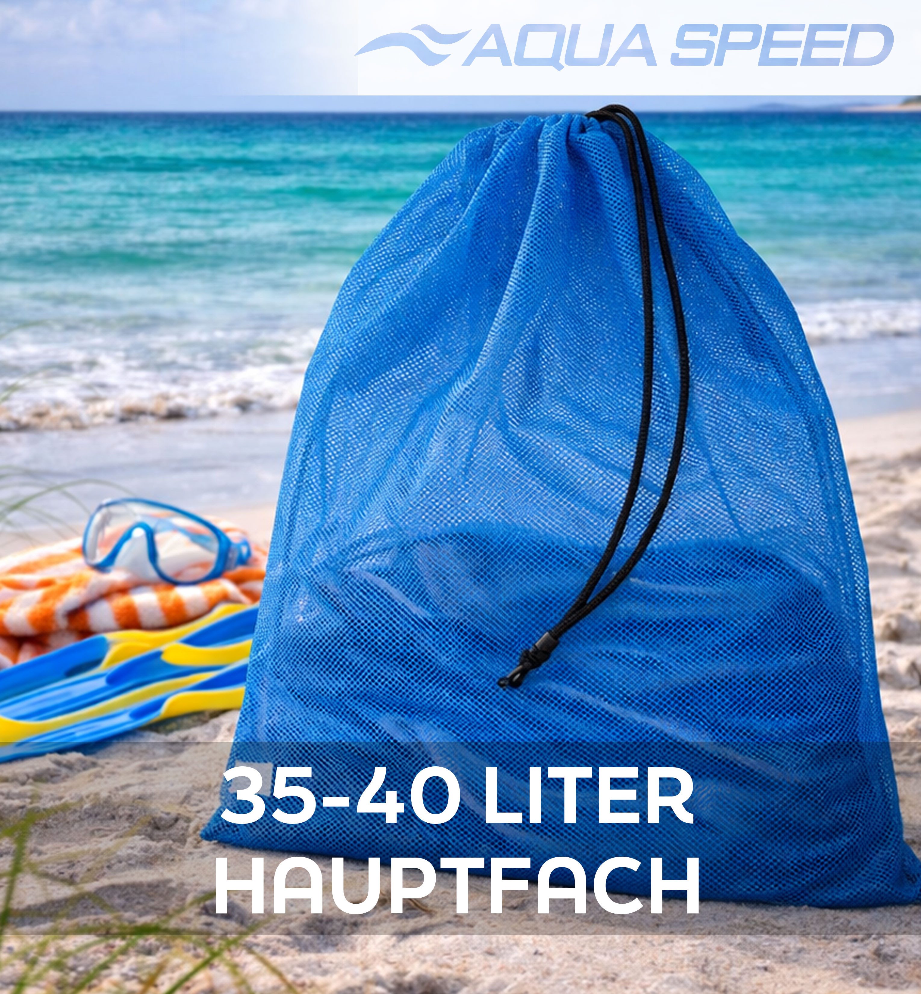 Aqua Speed Turnbeutel Netzbeutel Mesh Wassersport Tasche 46x76cm blau (Großer Transportbeutel für Schwimm- & Tauchausrüstung), Komfortabler Schultergurt für einfachen Transport