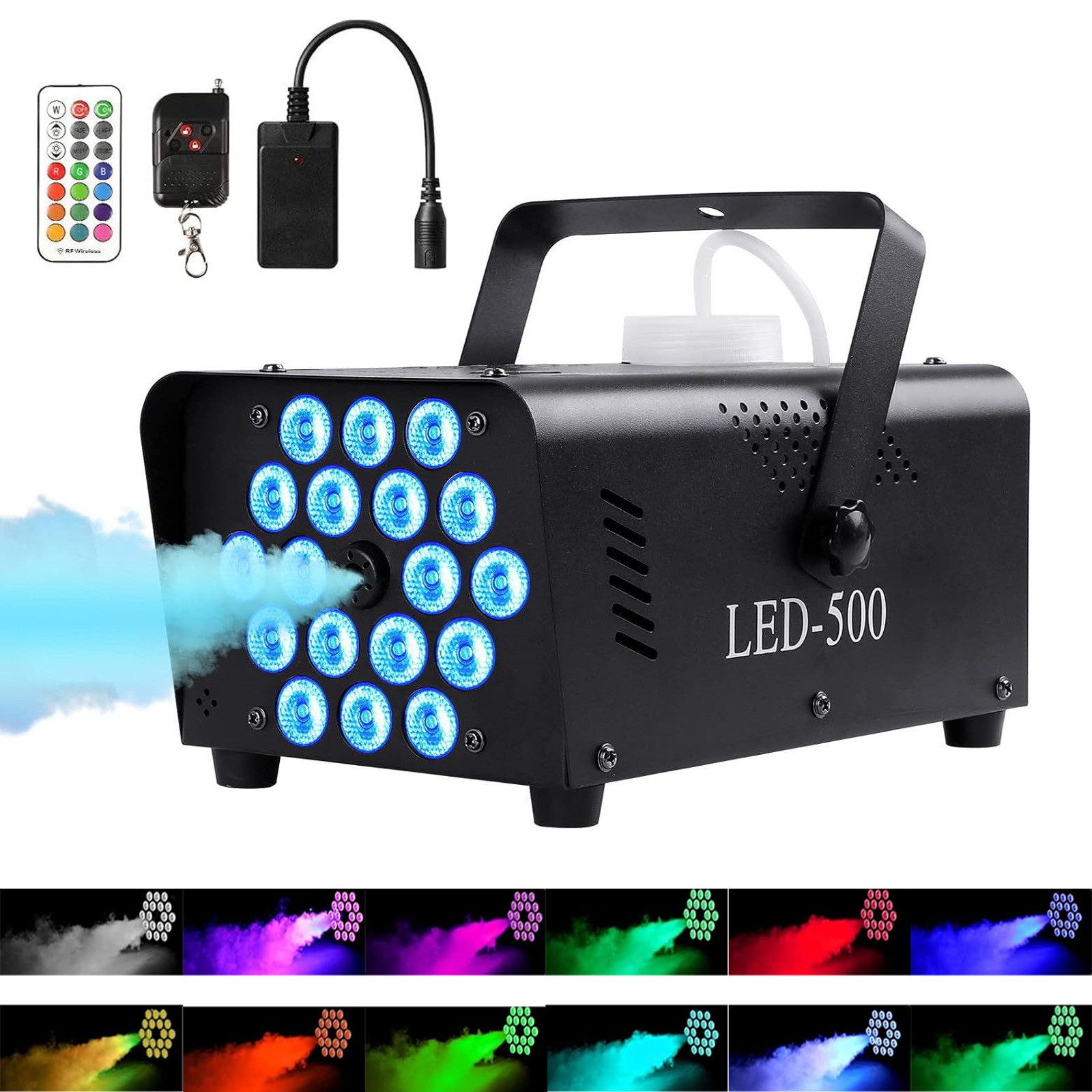 BlingBin LED Discolicht Nebelmaschine 500W Mini Disco Rauchmaschinen mit 18 LED Party Lichtern, mit Funkfernbedienungen, LED fest integriert, RGB, für Halloween, Weihnachten, Hochzeit, Geburtstag ect.
