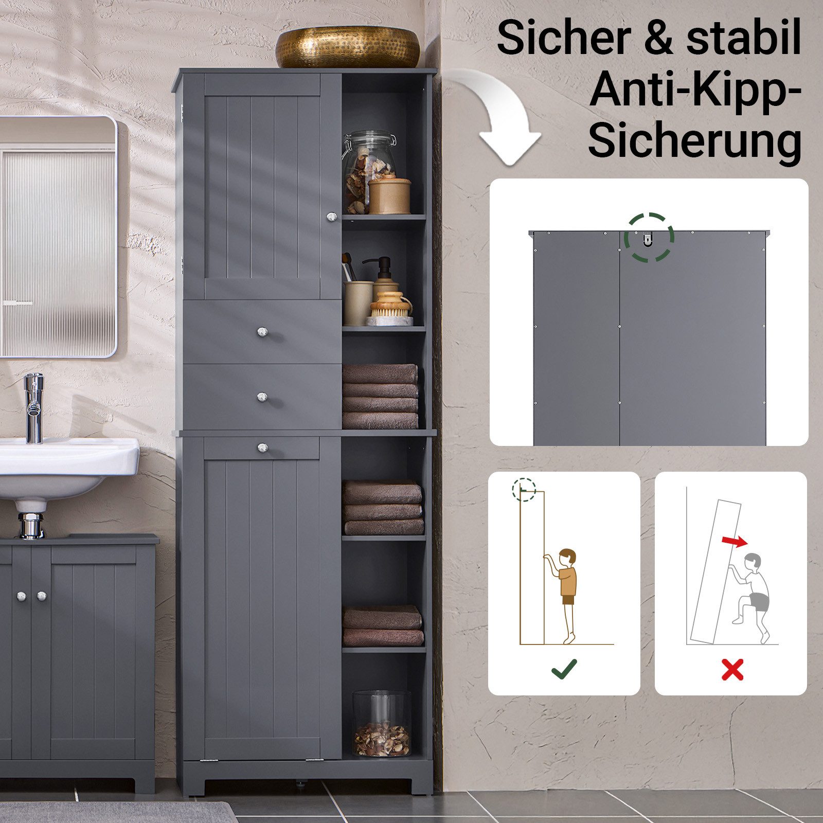 SoBuy Hochschrank BZR104, Badschrank Hoch, Badregal mit 6 Ablagen und 2 Schubladen Badezimmerschrank mit Wäschesack Wäscheschrank Badezimmer Schrank Weiß