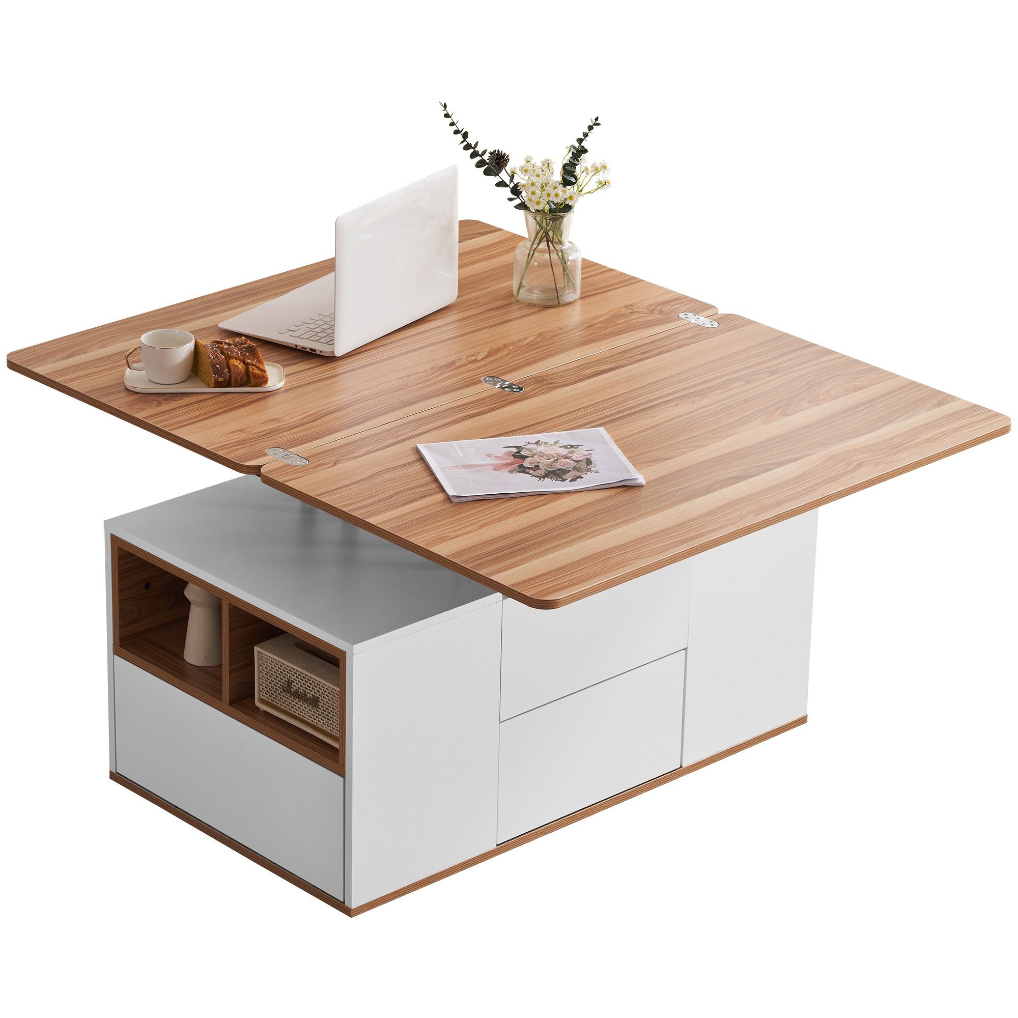 Wohnzimmertisch, mit Merax multifunktional mit Weiß Tischplatte, ausziehbarer | Schubladen, Couchtisch Beistelltisch Wildeiche
