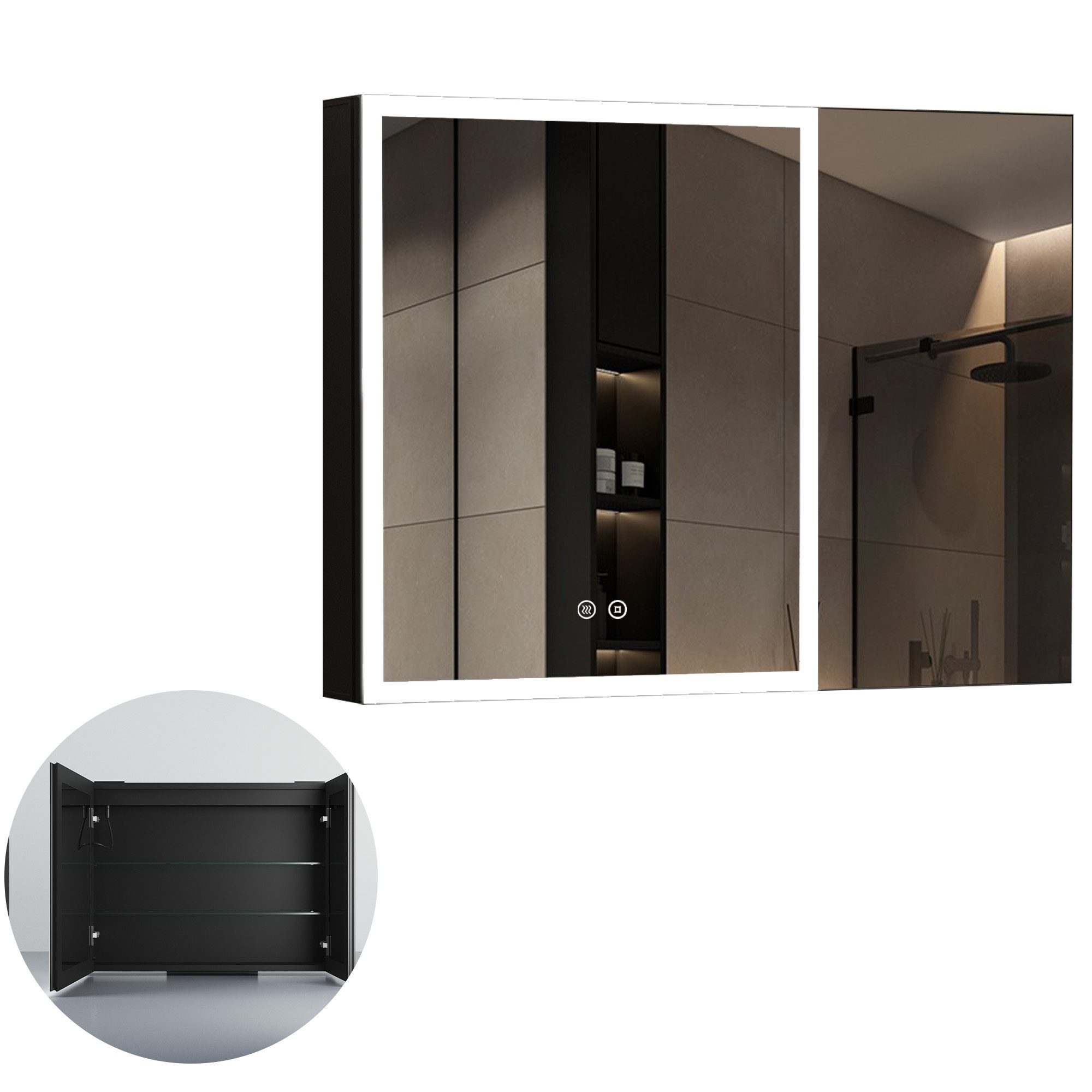 WDWRITTI Spiegelschrank Alu Badezimmer Schrank LED Spiegelschrank 3Lichtmodi dimmbar (Badezimmerspiegelschrank Schwarz matt 2-türig, 80x12,5x60cm) Doppelspiegel, vormontiert geliefert