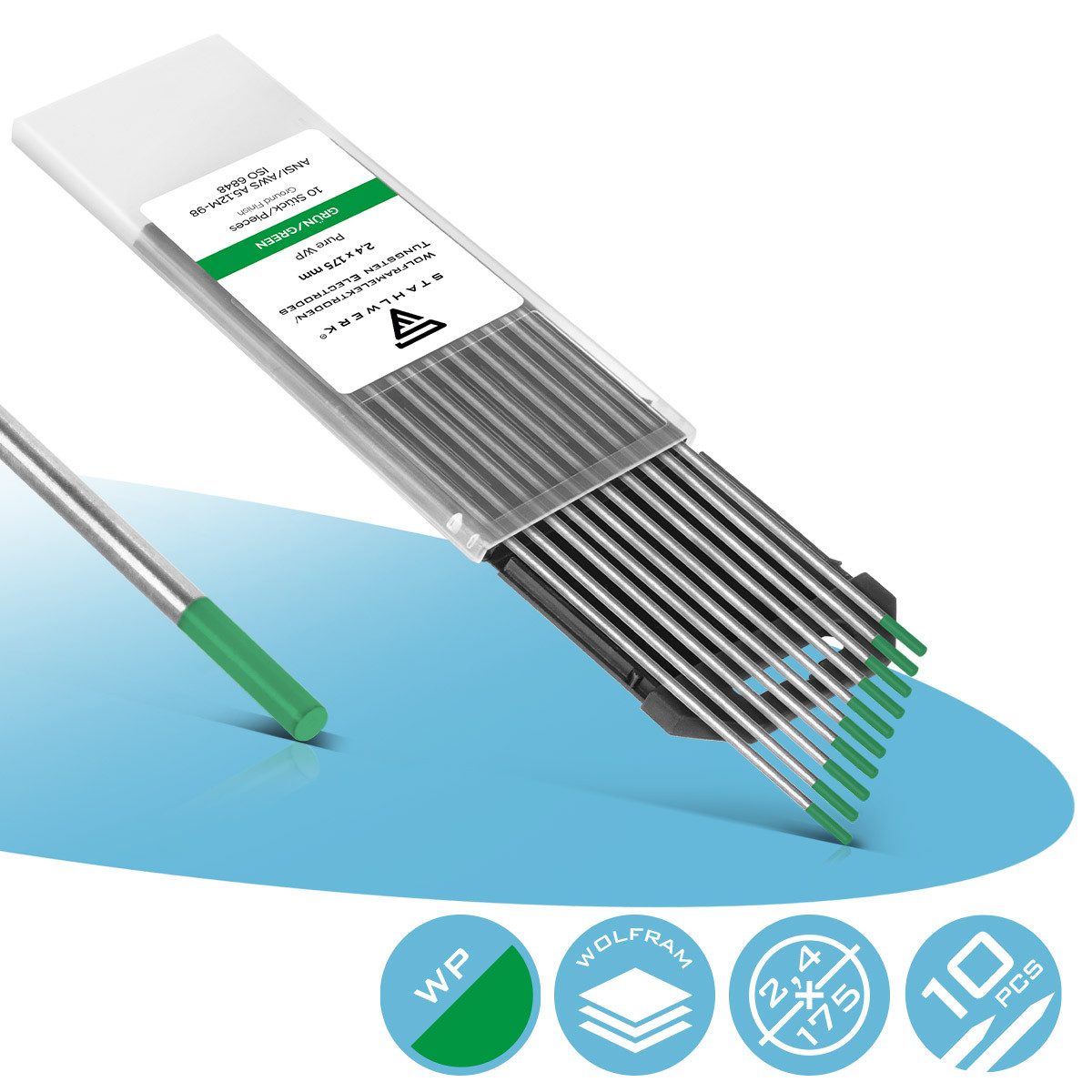 STAHLWERK Stabelektroden 10 x WIG Wolfram Schweißelektroden Grün 2,4 mm, (Packung), Universalelektrode für nahezu alle Anwendungen bis 160 A.