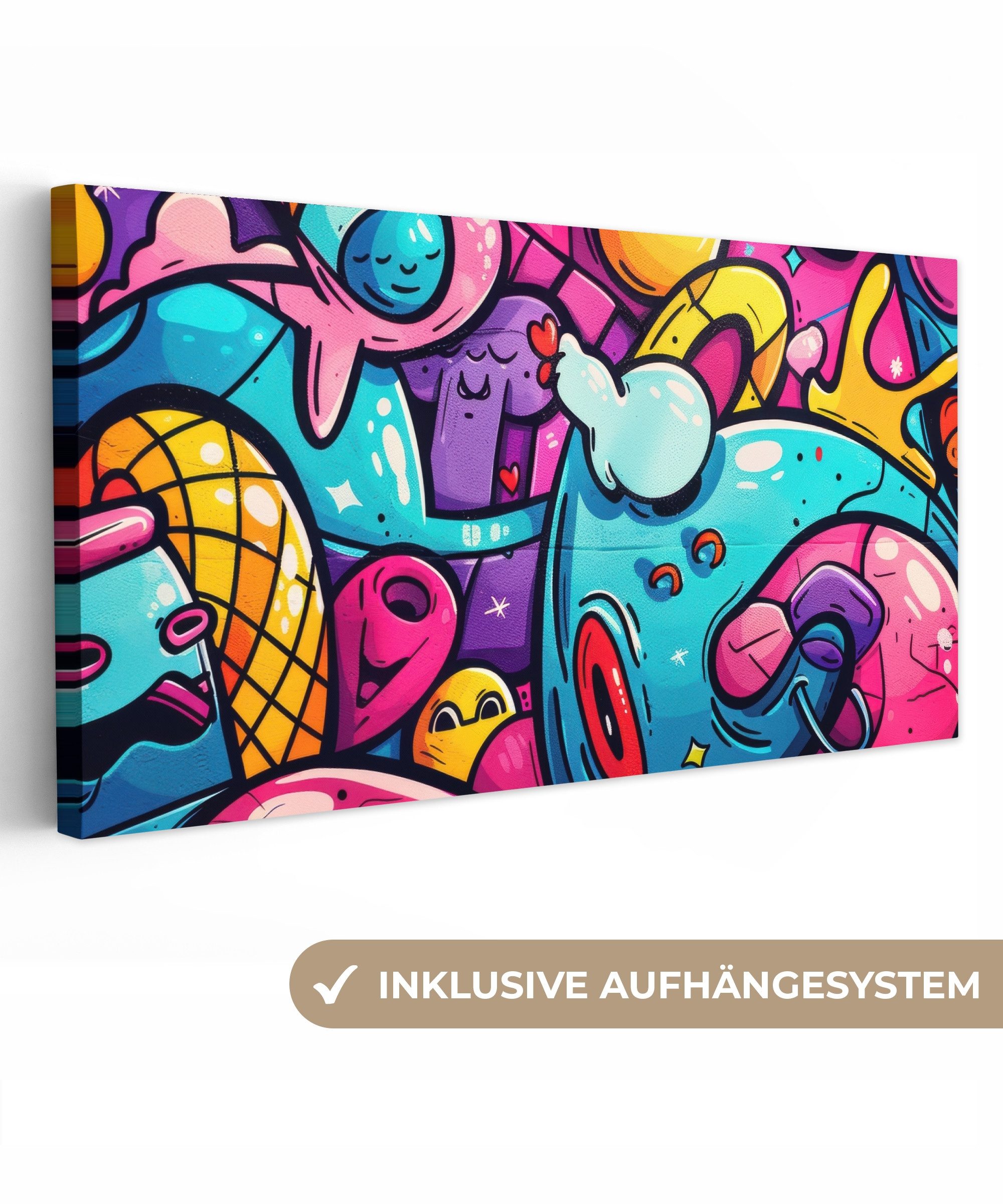 OneMillionCanvasses® Leinwandbild Panorama Abstrakt - Neon - Design - Bunt - Graffiti, Fotodruck (1 St), Wandbild, Deko Schlafzimmer Wohnzimmer Flur 40x20 cm