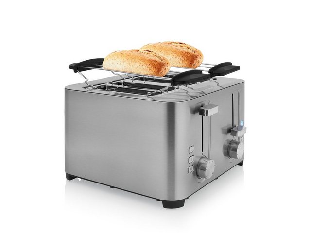 PRINCESS Toaster, 4 kurze Schlitze, 1500 W, Edelstahl Toastmaschine 4 kurze Schlitze Toster mit Brötchenaufsatz