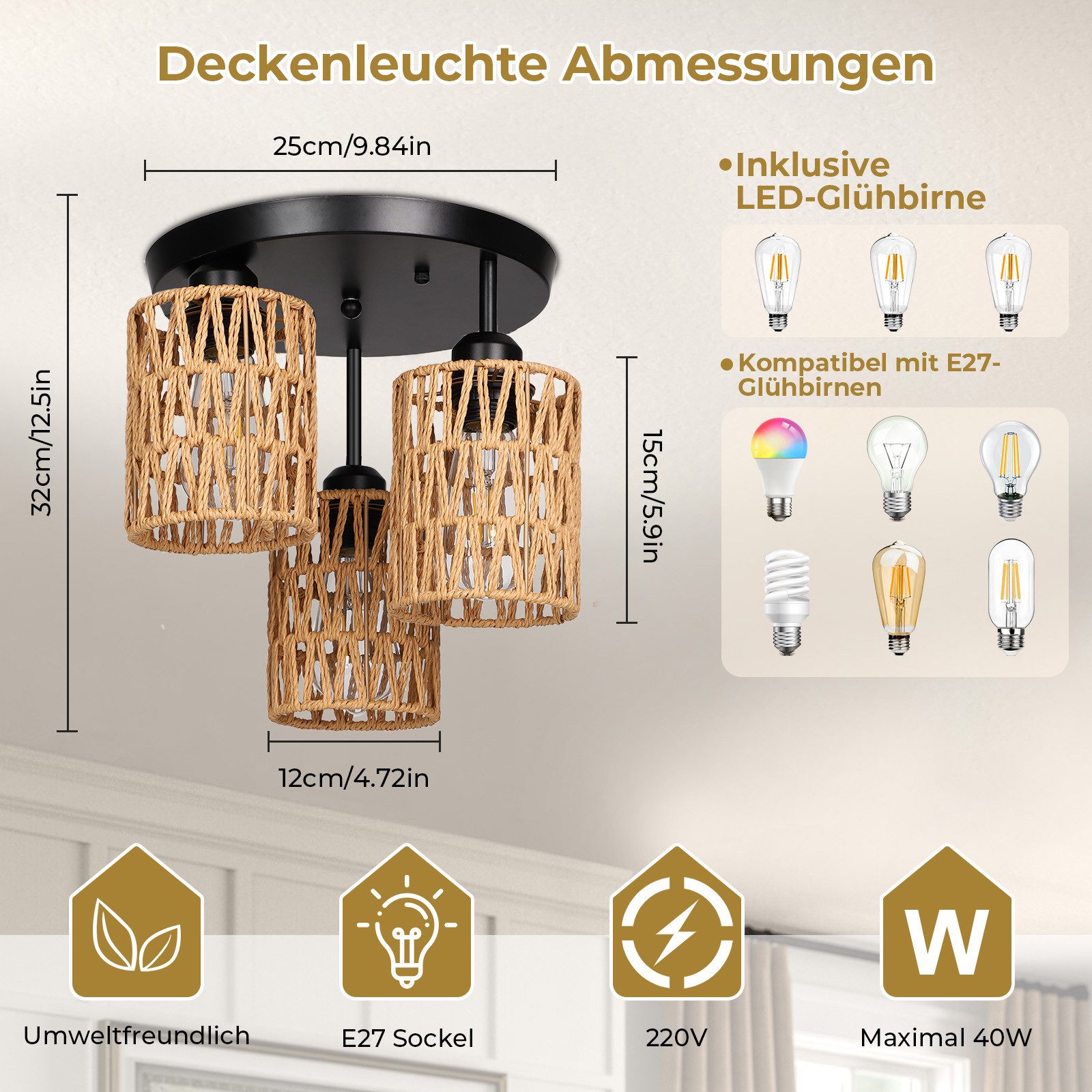 Sunicol LED Deckenleuchte Rattan 3 Flammig, günstig online kaufen