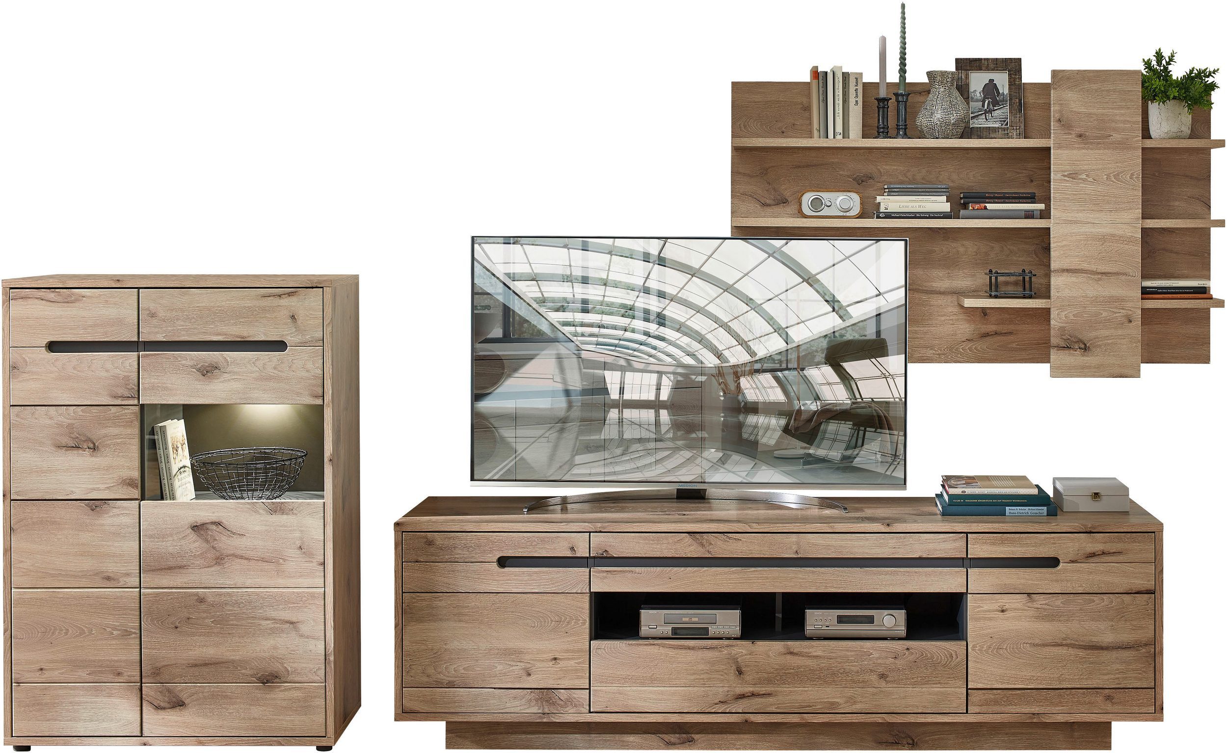 Innostyle Wohnwand Wohnkombination BELLANO Viking Oak Nature Nachbildung mit LED, (Komplett-Set, 3-St., 1x Wohnwand, 1x Vitrine, 1x Lowboard, 1x Wandpaneel)