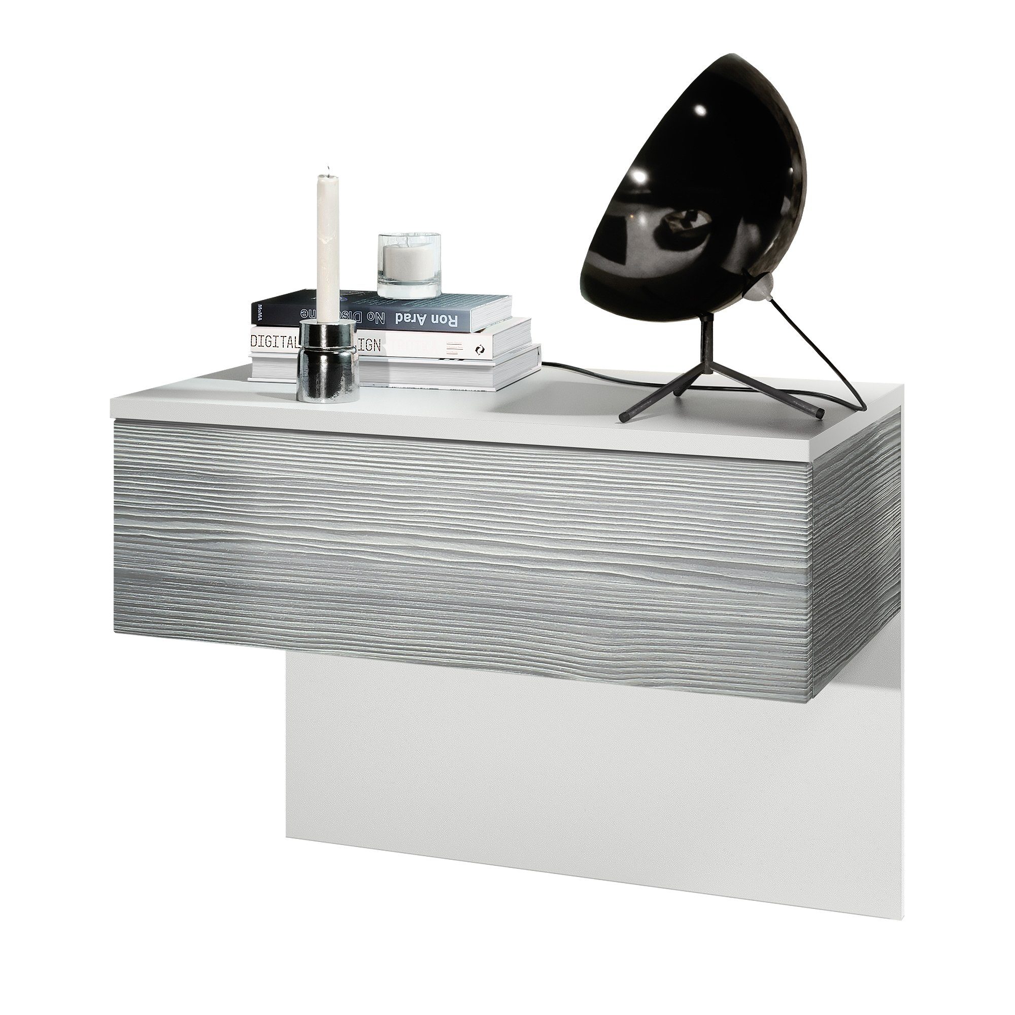 Vladon Nachttisch Sleep (Nachttischschrank, mit Schublade zur Wandmontage),  Weiß matt/Avola-Anthrazit (60 x 46 x 35 cm)