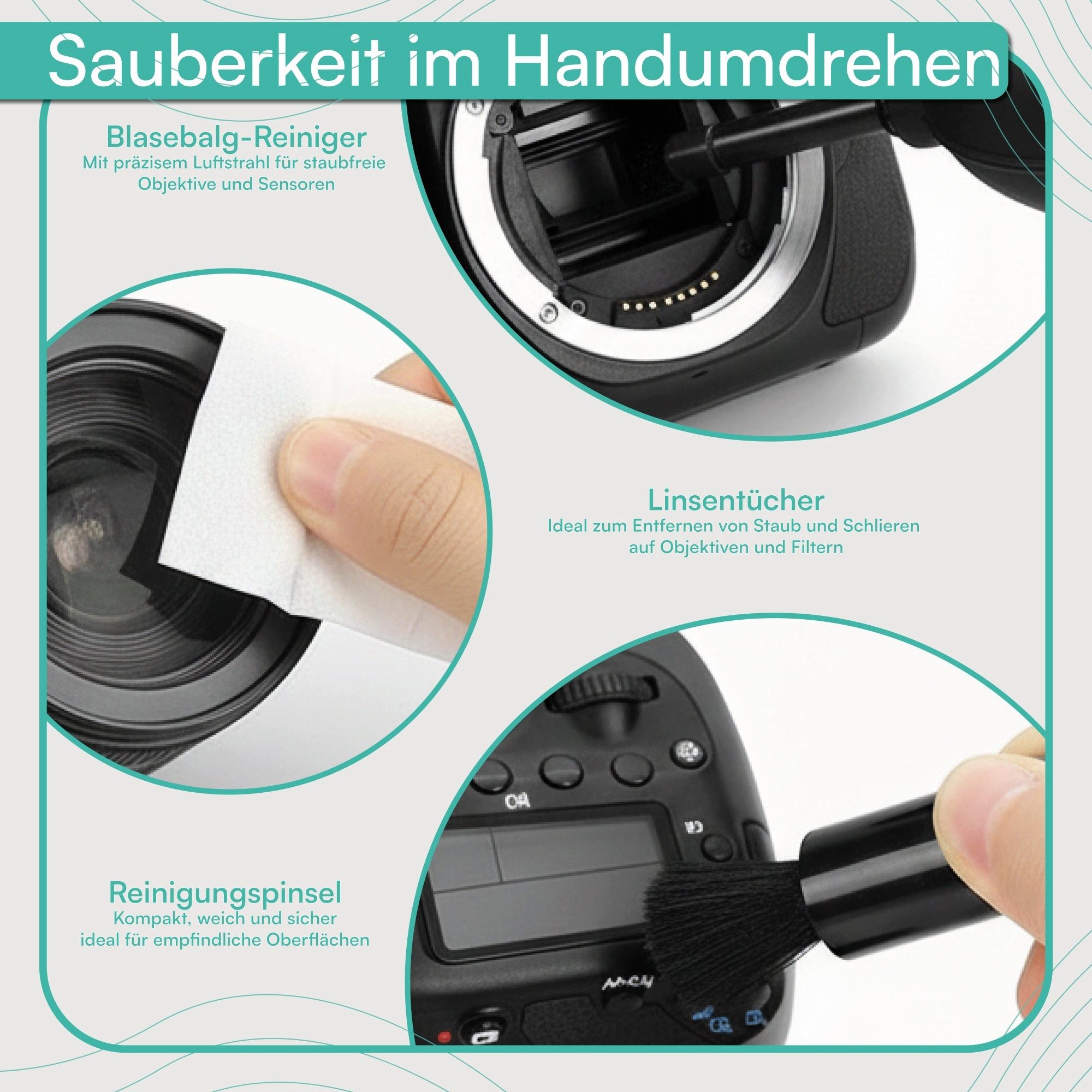 pixly Linsenreiniger Kamera-Reinigungsset 16-teilig Sensor- & Objektiv-Reinigung, mit Blasebalg, Linsenstift, Mikrofasertüchern & APS-C/Vollformat Swabs – Bild 4 von 5