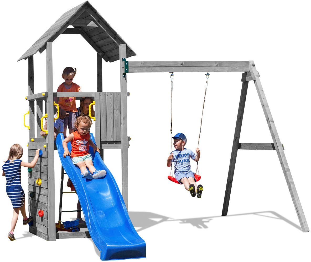 FUNGOO Spielturm CAROL 2 GREY, mit Schaukel & Rutsche, Kletterwand
