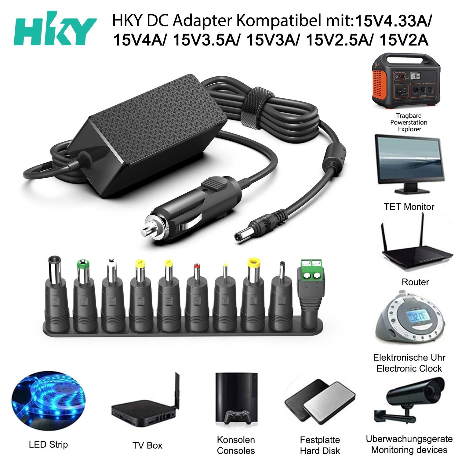 HKY 15V KFZ Netzteil Ladegerät für GVM LED Licht Panel und Lautsprecher KFZ-Netzteil (Kompatibel mit 520S 560AS 800D 800D-RGB, Marshall, Echo, Yamaha, TV) – Bild 3 von 5
