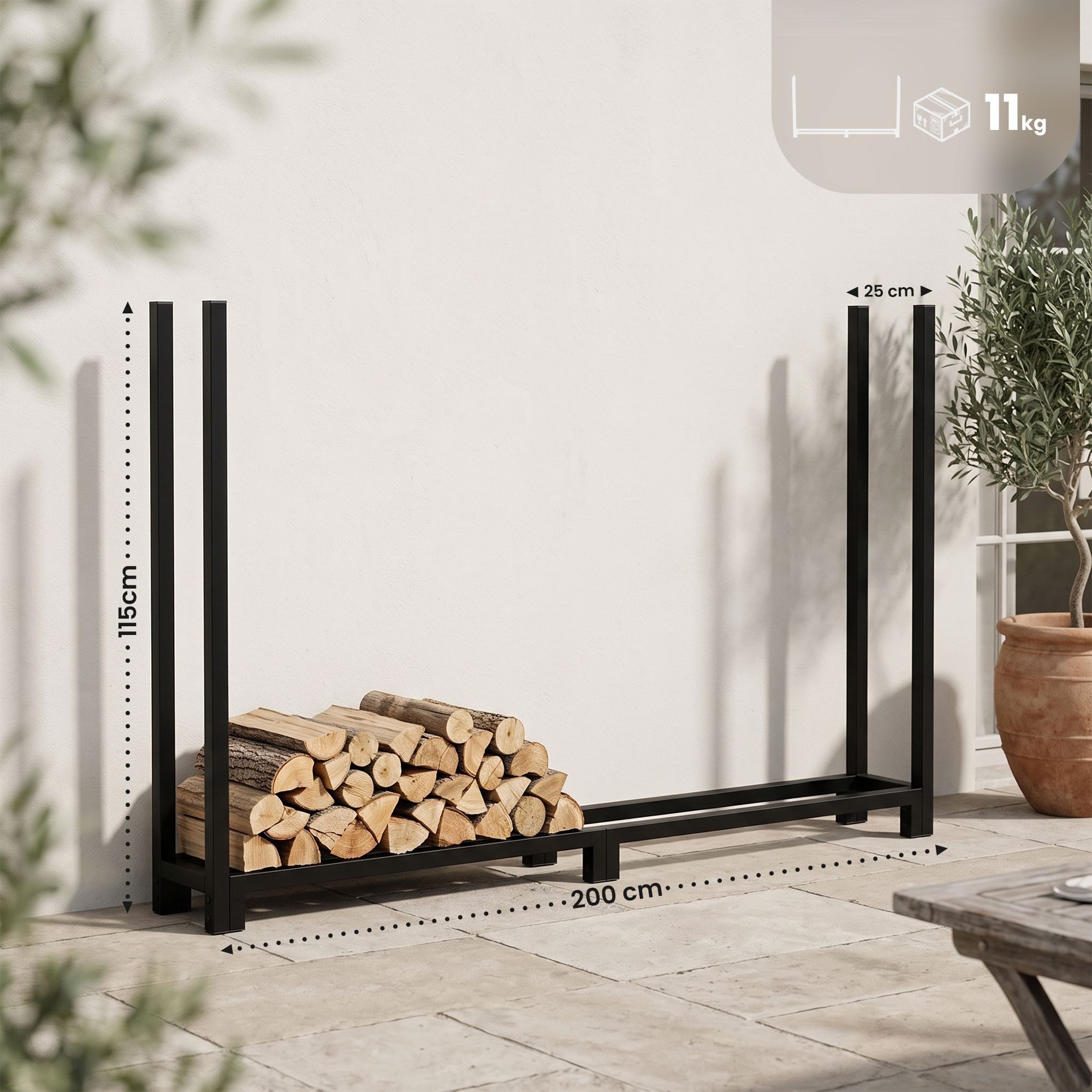 CLP Kaminholzregal Meriden, BxTxH:200x25x115 cm, (1er), 200x25x115 cm, aus Stahl, mit Abdeckung