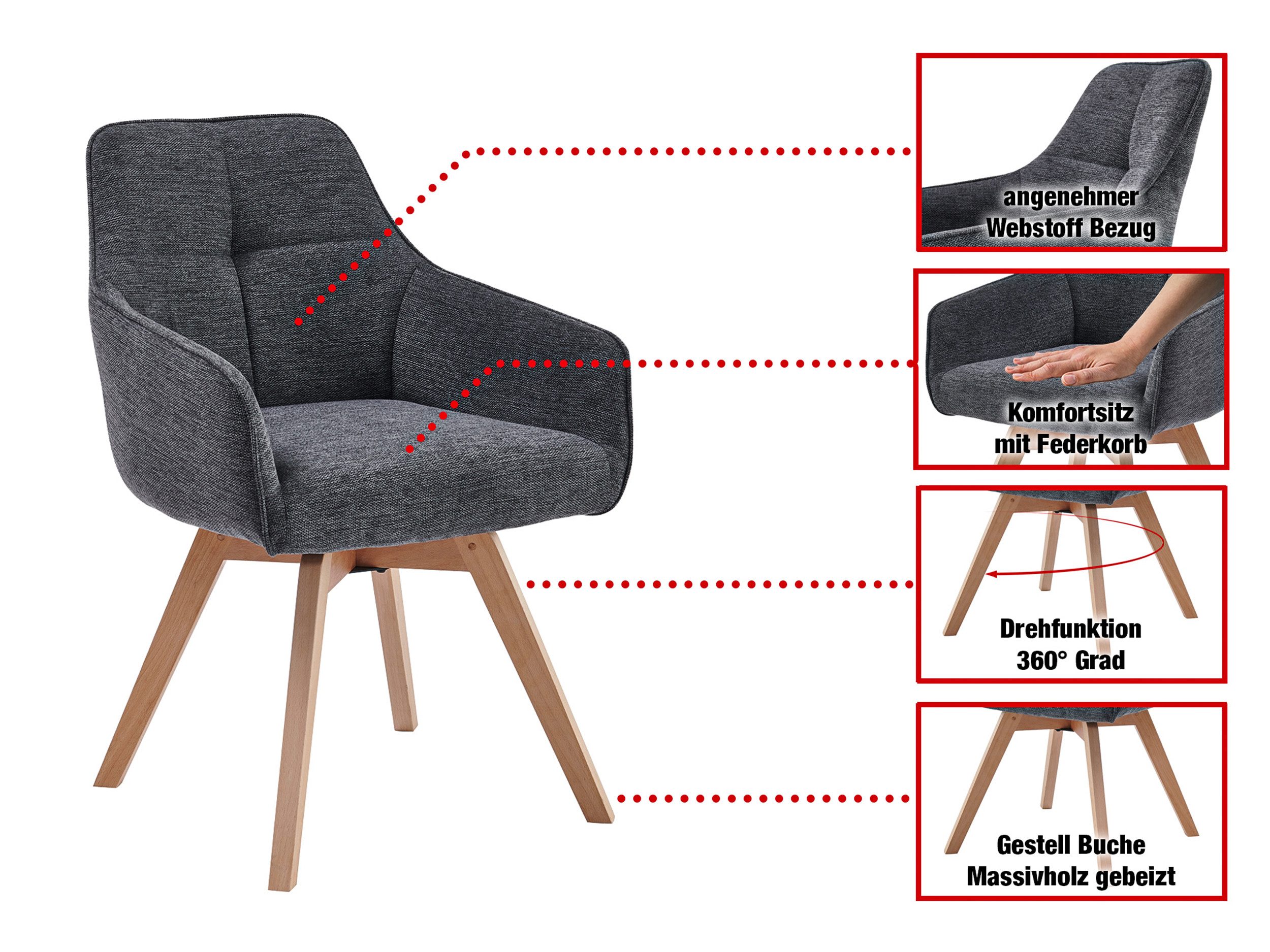 Massivart® Polsterstuhl 360 Grad drehbar, Esszimmerstuhl mit Armlehnen, Webstoff, »LIPARI«, Sitz fest gepolstert • Federkorb • Gestell Eiche farbig • BOHO Stil