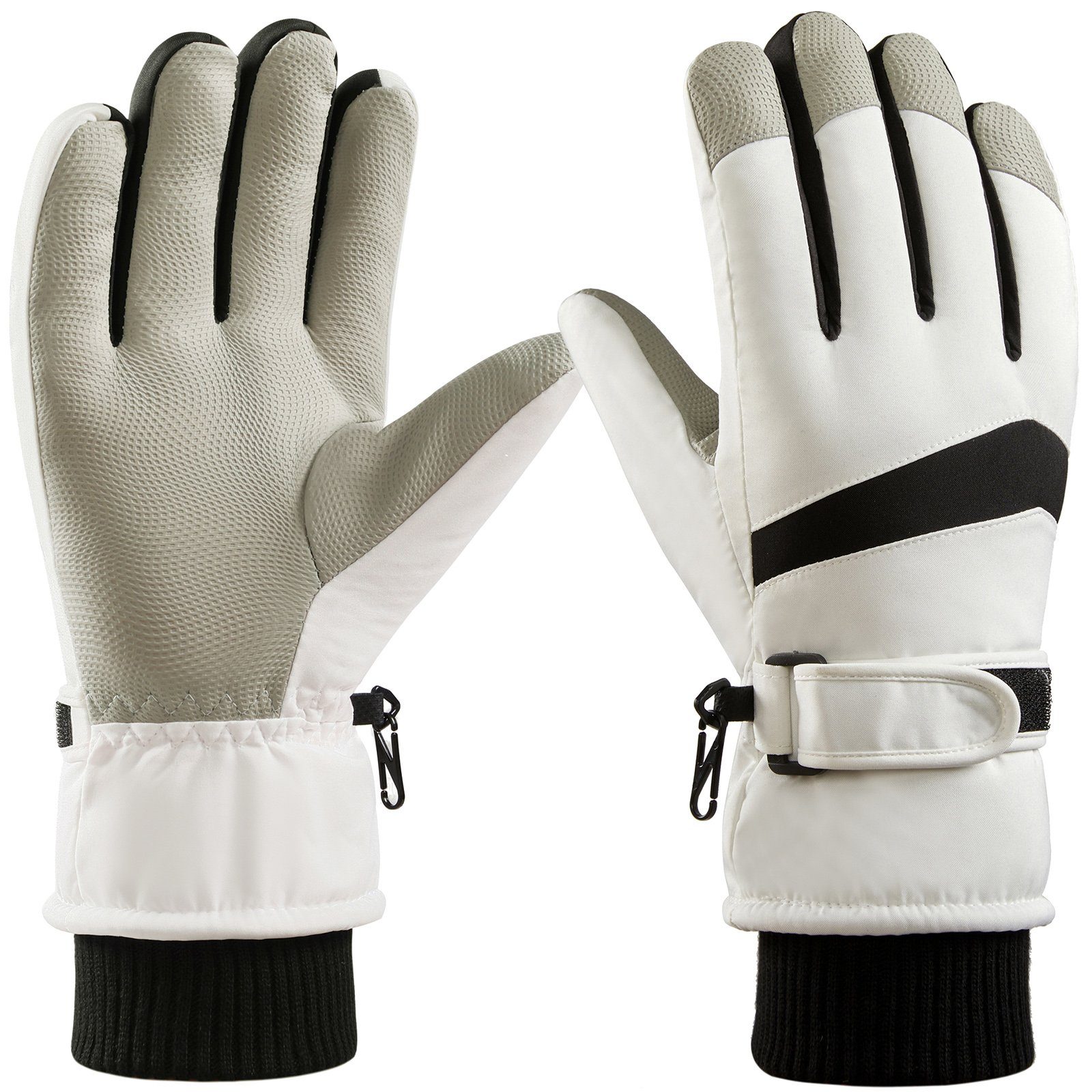 BTTO Handschlaufe Handschuhe Damen Herren Winterhandschuhe,Touchscreen,Thermo,für Skifahren Handschuhe, Laufen Winter,Skihandschuhe,Wasserdichte Radfahren Weiß-Damen