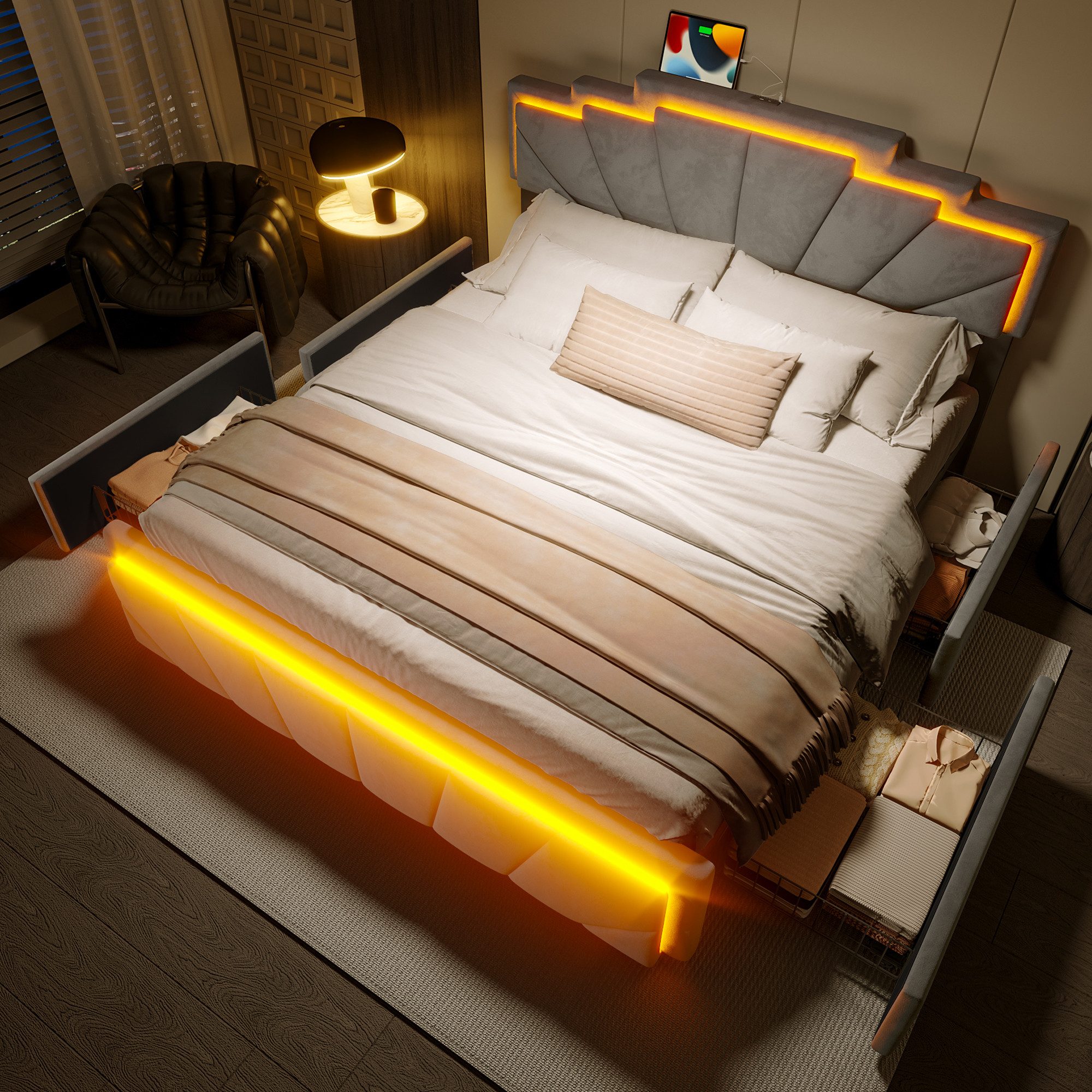 Polsterbett 160x200cm Jugendbett Stauraumbett Bettgestell mit Stauraum& USB