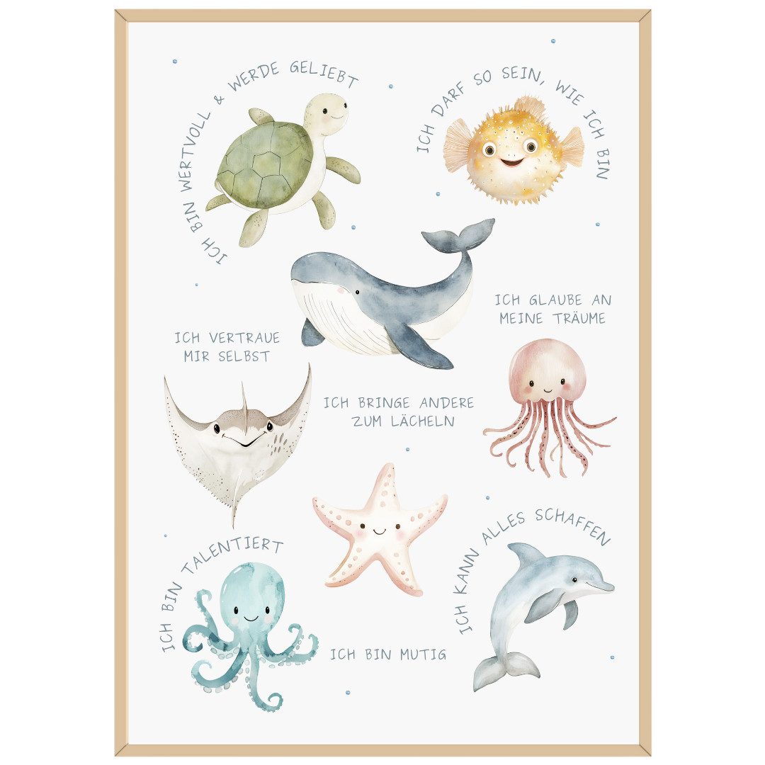Things of Happiness Poster Affirmationsposter für Kinder DIN A3, Kinderzimmer Wandbild, Meerestiere & Ozean, Poster Affirmation Geschenk zur Geburt, Taufe, Kindergeburtstag