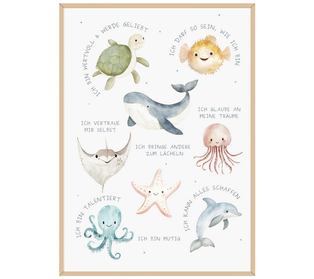 Things of Happiness Poster Affirmationsposter für Kinder DIN A3, Kinderzimmer Wandbild, Meerestiere & Ozean, Poster Affirmation Geschenk zur Geburt, Taufe, Kindergeburtstag