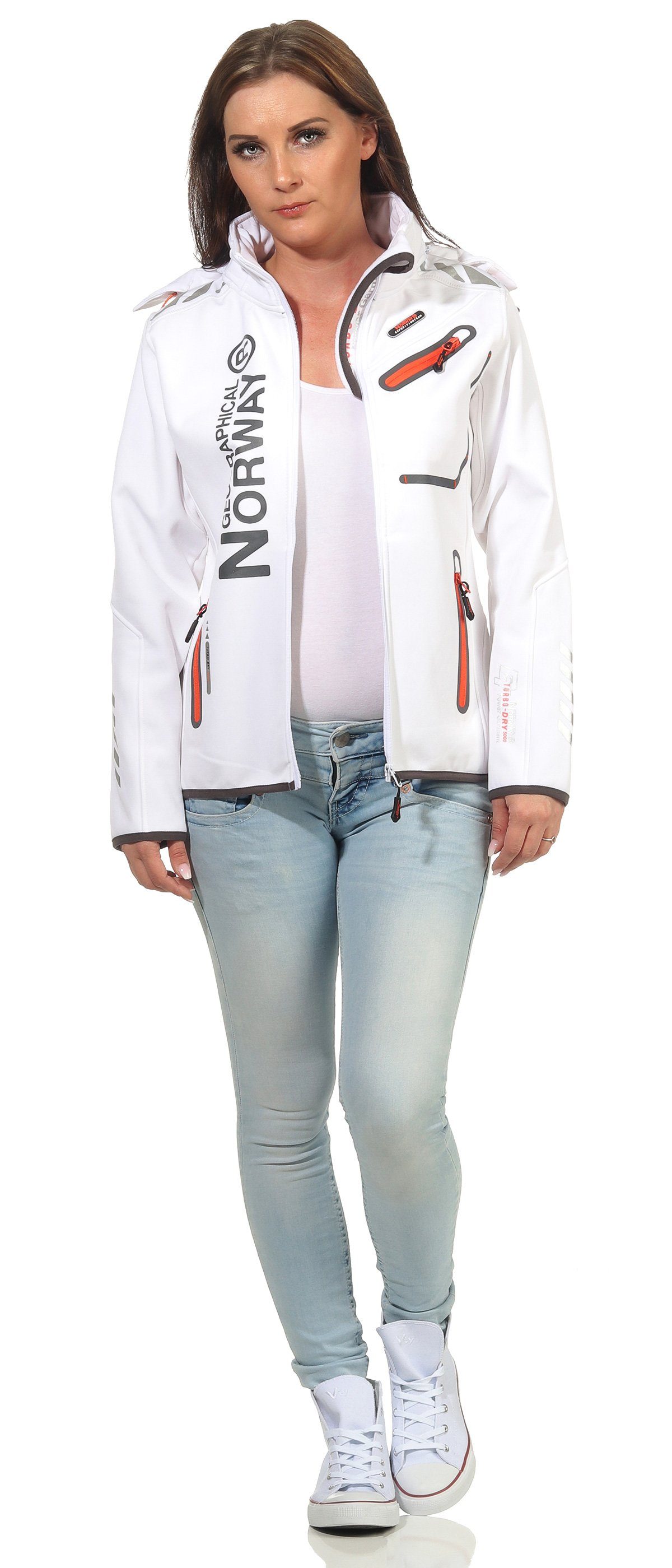 Geographical Norway Softshelljacke Damen Softshell Windbreaker Regen Outdoor Jacke in Unifarbe, mit abnehmbarer Kapuze, mit Stehkragen